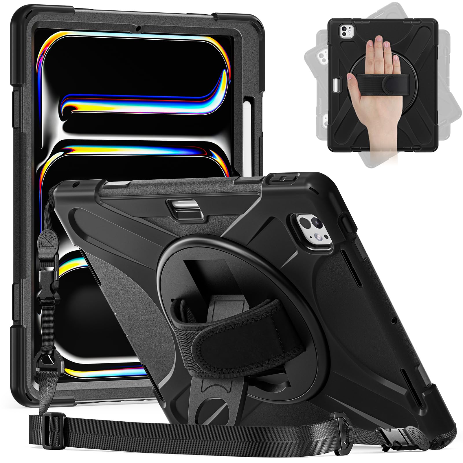 Zenrich Ipad Pro 13 Inch Case M4 2024, Heavy Duty Rugged Case For A2925, A2926, A3007 With Kickstand/Hand Strap/Pencil Holder/Sh