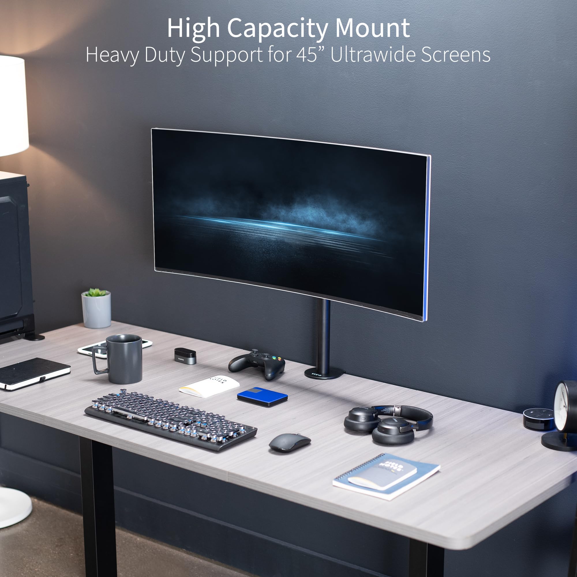 VIVO Clamp on Single Ultra Wide Monitor Desk Mount, Low Profile Heavy Duty Adjustable Stand for 1 Ultrawide Screen up to 49 inches, 44 lbs Capacity, Black, STAND V100C
