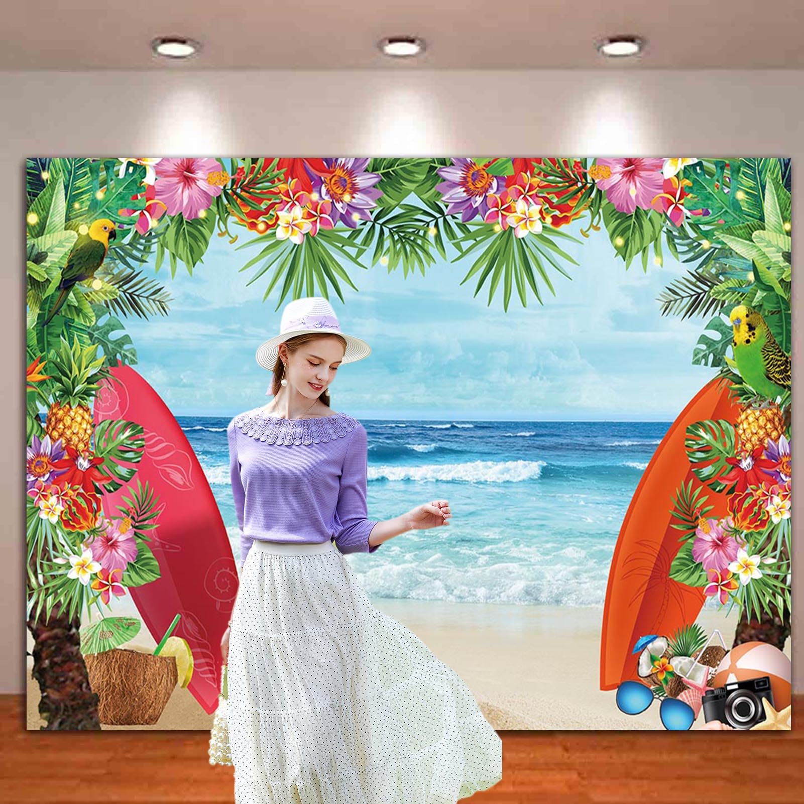 Hqm 10X8Ft Summer Tropical Beach Theme Photo Background Beach Conch Hawaii Blue Sea Flower Children Birthday Luau Party Photogra