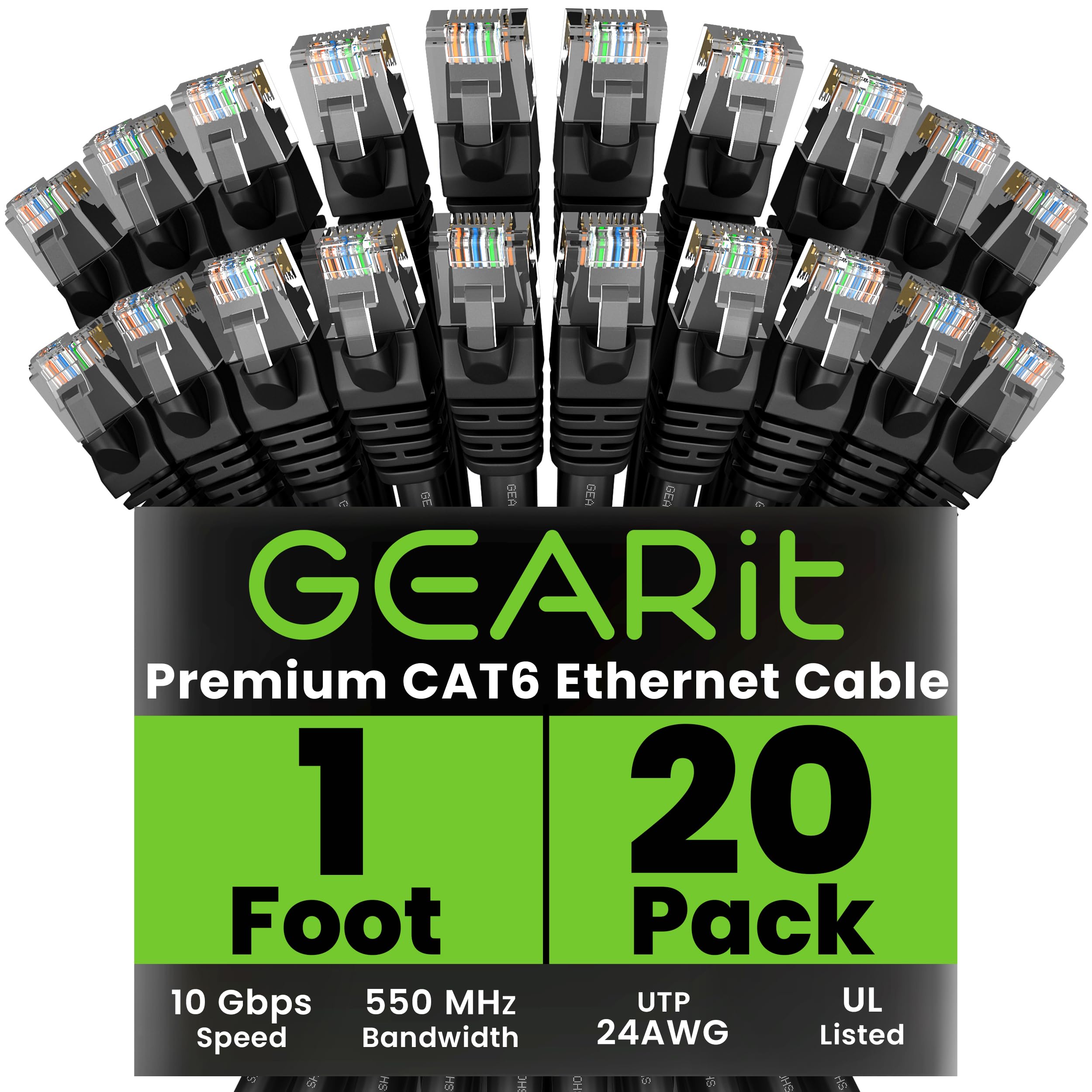 GEARit Cat 6 Ethernet Cable Pack - 20-Pack 1 ft Cat6 Ethernet Patch Cables | RJ45 Network Patch Cable, 10 Gbps Snagless Gold-Pla