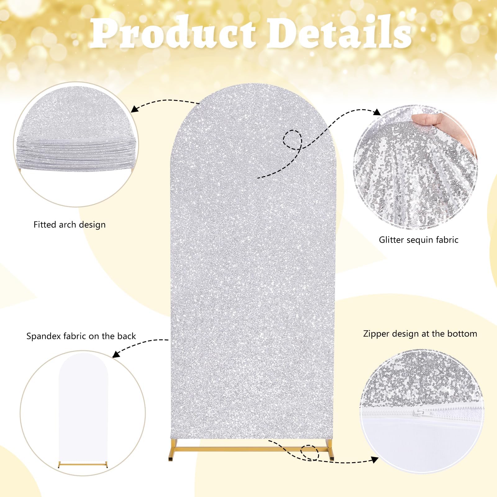 6.6Ft Silver Arch Backdrop Covers Glitter Wedding Arch Cover Spandex Fitted Covers For Wedding Birthday Party Photography Decor