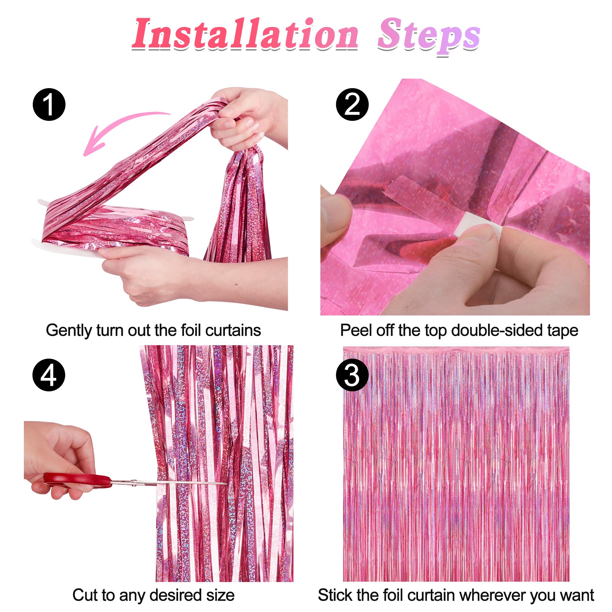 4 Pack Pink Backdrop, 3.28 Ft X7.05 Ft Foil Fringe Curtains, Metallic Glitter Pink Streamer Fringe Backdrop Foil Curtains, Laser