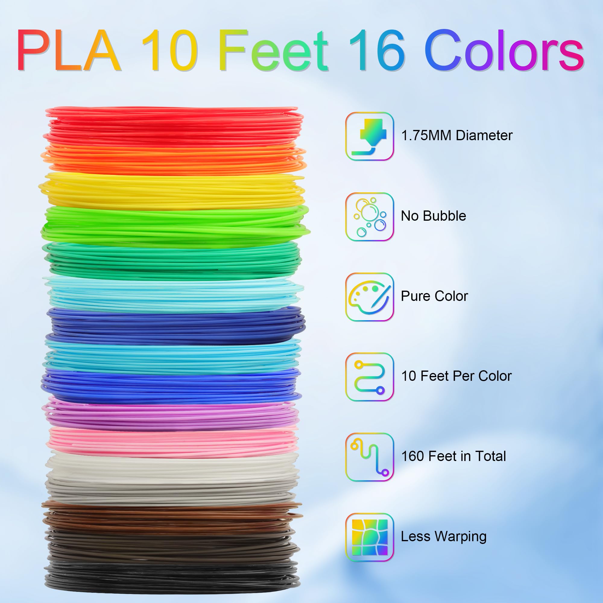 Mika3D 3D Pen 3D Printer Pla Filament Refill, 16 Colors 1.75Mm Pla Filament Pack, High Precision Diameter Filament, Each Color 1