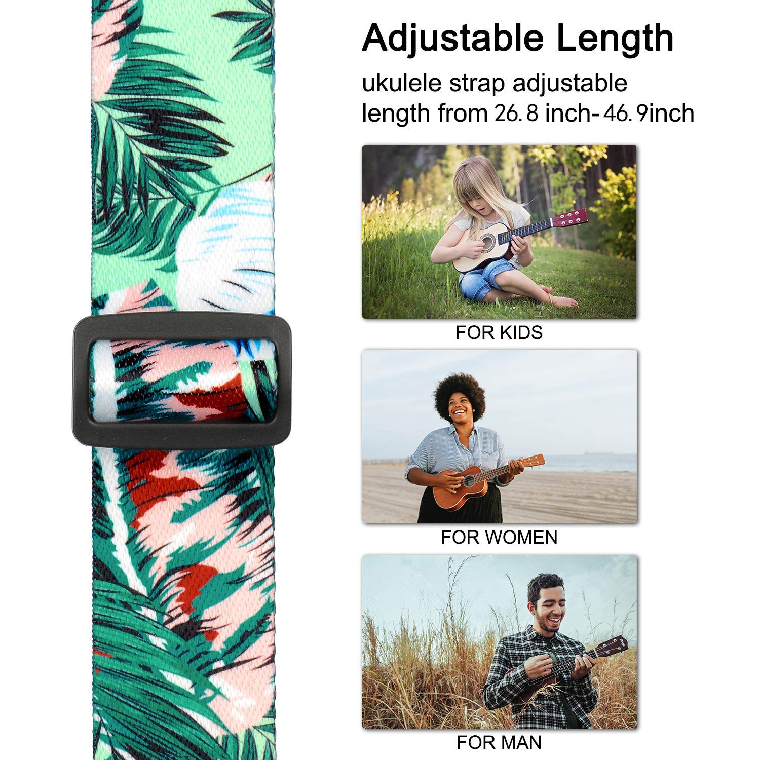 Dulphee Ukulele Strap Hawaiian Style Adjustable Uke Shoulder Strap For Soprano Concert Tenor Baritone Ukulele, Mandolin And Banj