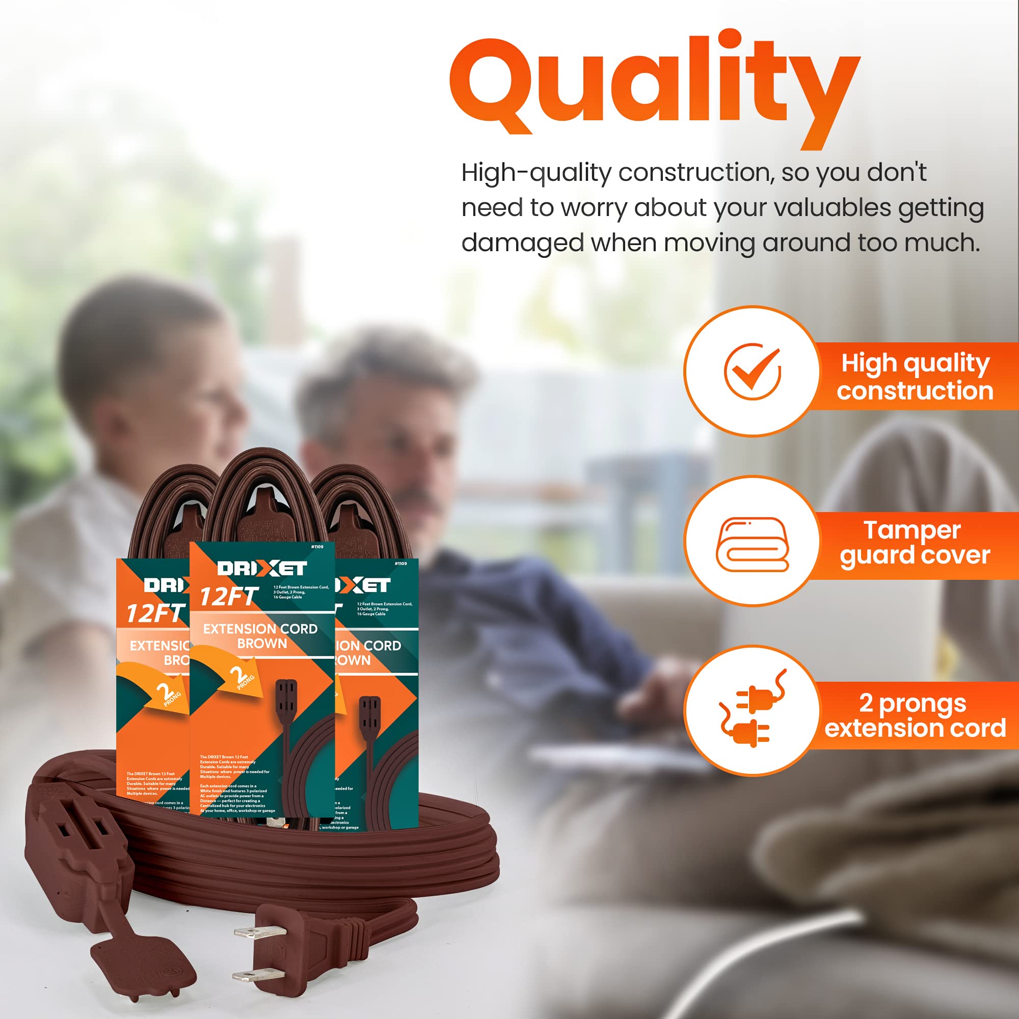 4 Feet Brown Extension Cord, 3 Outlet 2 Prong 16 Gauge Cable, Indoor Use, 3 Receptacle Cube Tap, Extension Cord   By Revpex