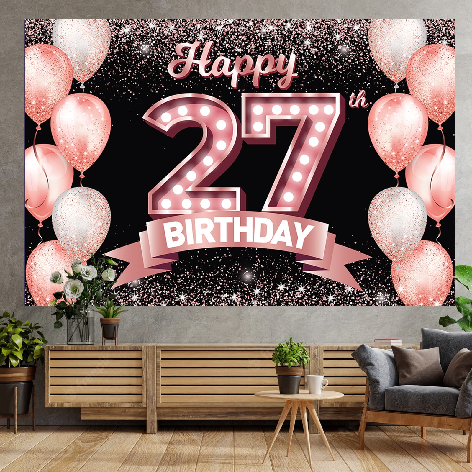 Happy 27Th Birthday Rose Gold Banner Backdrop Cheers To 27 Years Old Confetti Balloons Theme Decor Decorations For Women 27 Year