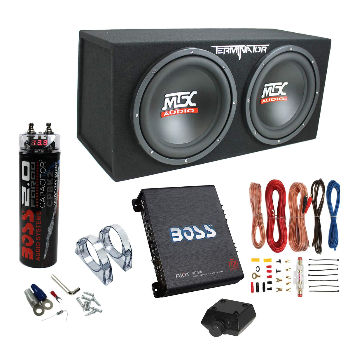 MTX 12 Inch 1200 Watt 4 Ohm Dual Loaded Car Audio Subwoofer Package with Sub Enclosure, Boss 1100W Mono A/B Amplifier, Wiring Kit and Capacitor