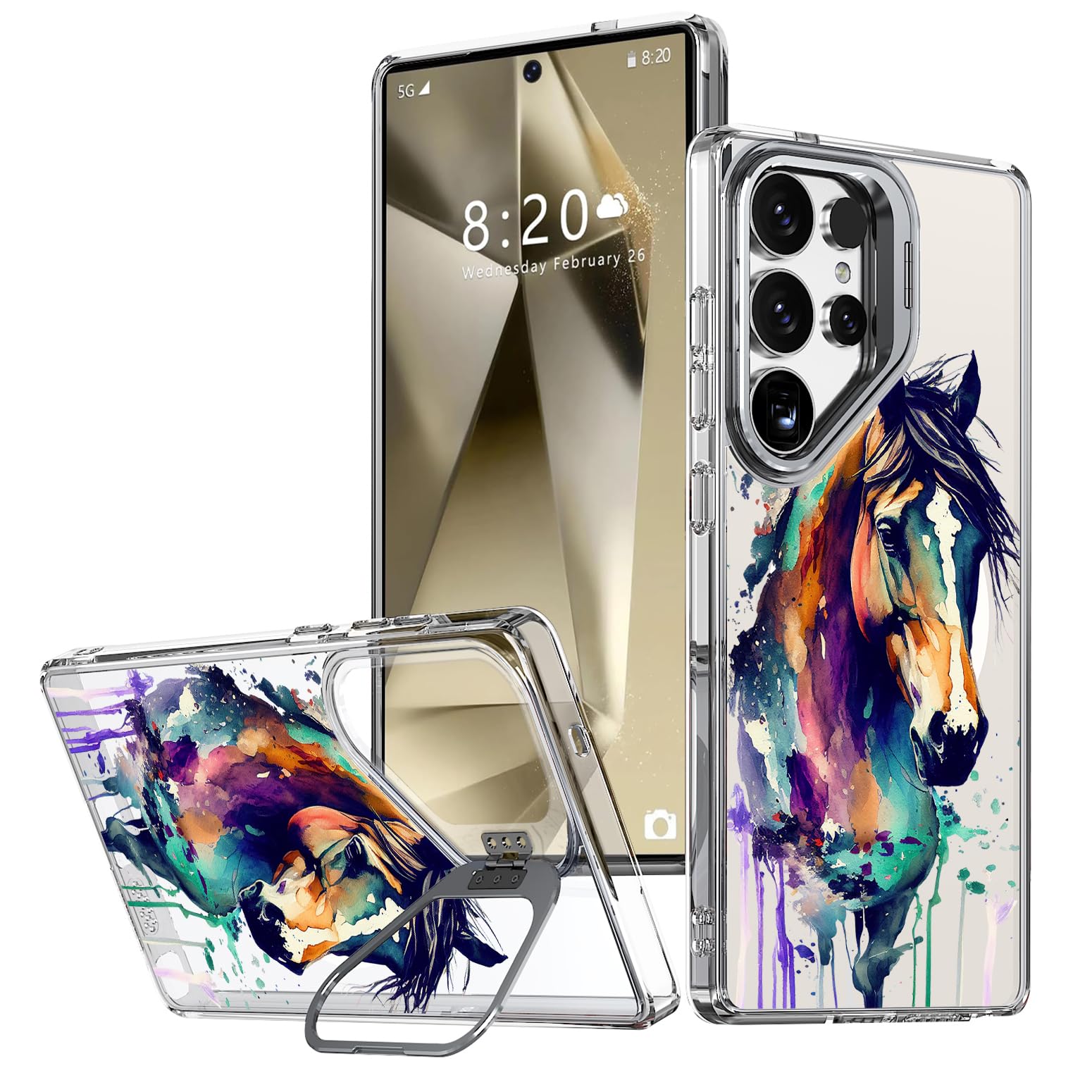 Ecute Strong Magnetic Slim Drop Protective Case With Camera Ring Kickstand For Samsung Galaxy S24 Ultra - Color Graffiti Horse