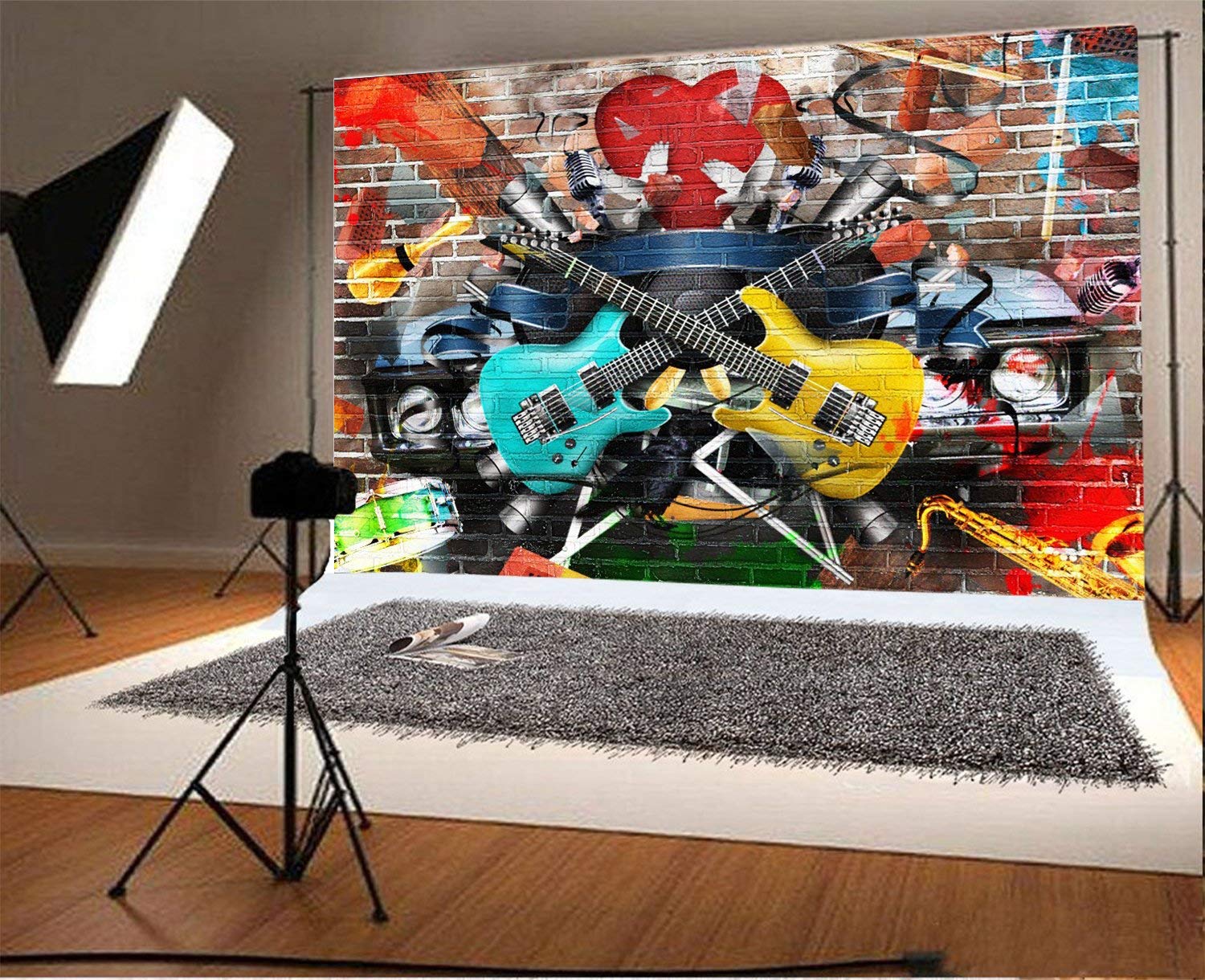 Aofoto 7X5Ft Rock And Roll Music Guitar Backdrop Graffiti Brick Wall Grunge Punk 80S 90S Discos Concert Hip Hop Photography Back