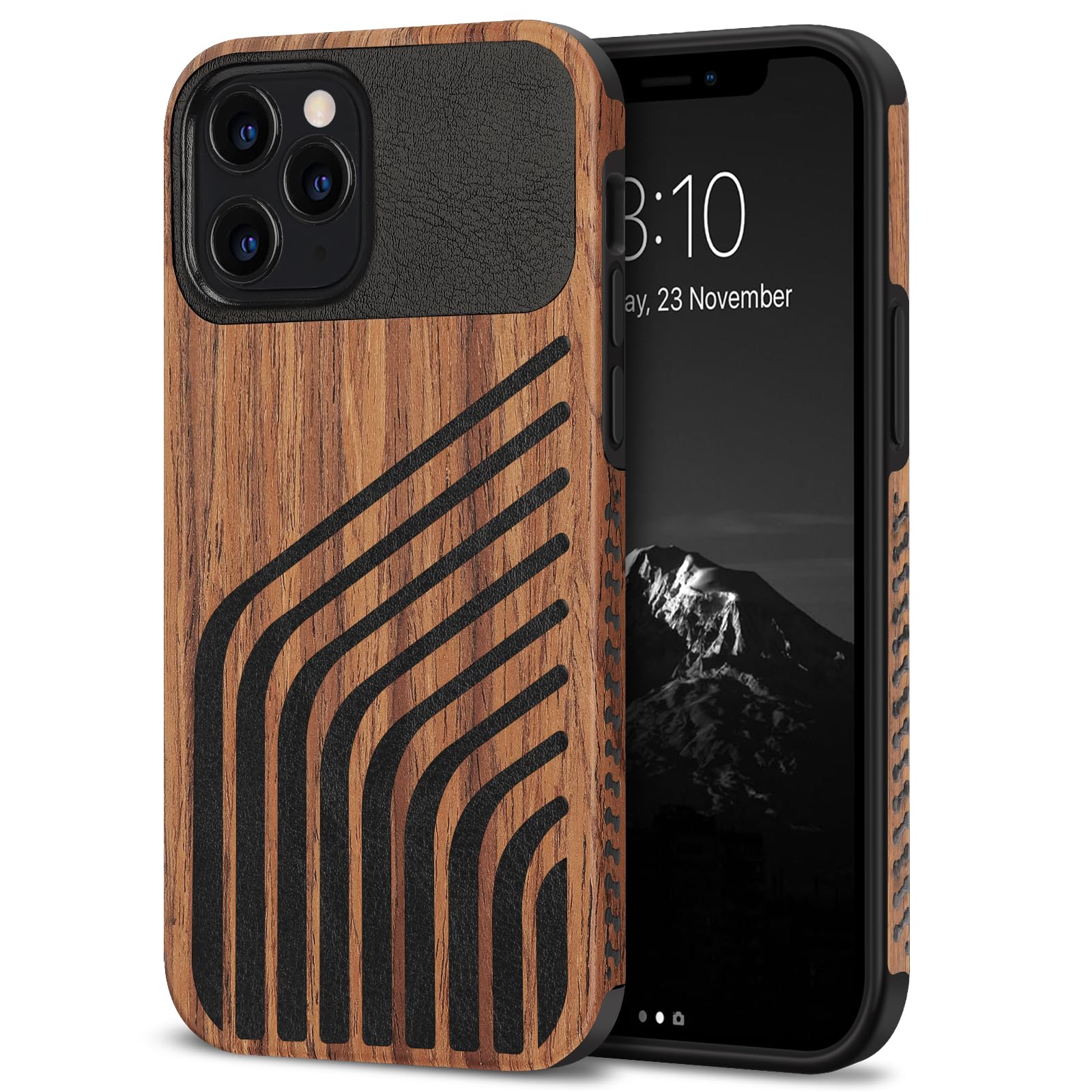 TENDLIN Compatible with iPhone 12 Pro Case/iPhone 12 Case Wood Grain with Carbon Fiber Texture Design Leather Hybrid Slim Cover 
