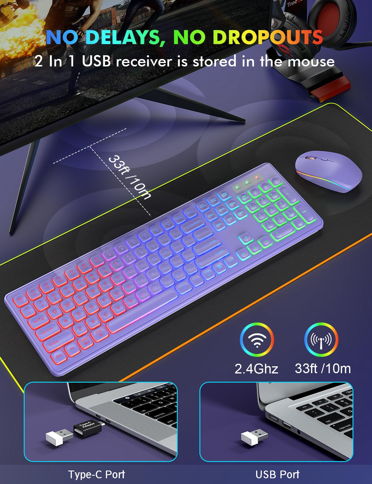 Wireless Keyboard And Mouse Combo, Rgb Backlit, Rechargeable & Light Up Letters, Full Size, Ergonomic Tilt Angle, Sleep Mode, 2.4Ghz Quiet Keyboard Mouse For Mac, Windows, Laptop, Pc, Trueque(Purple)