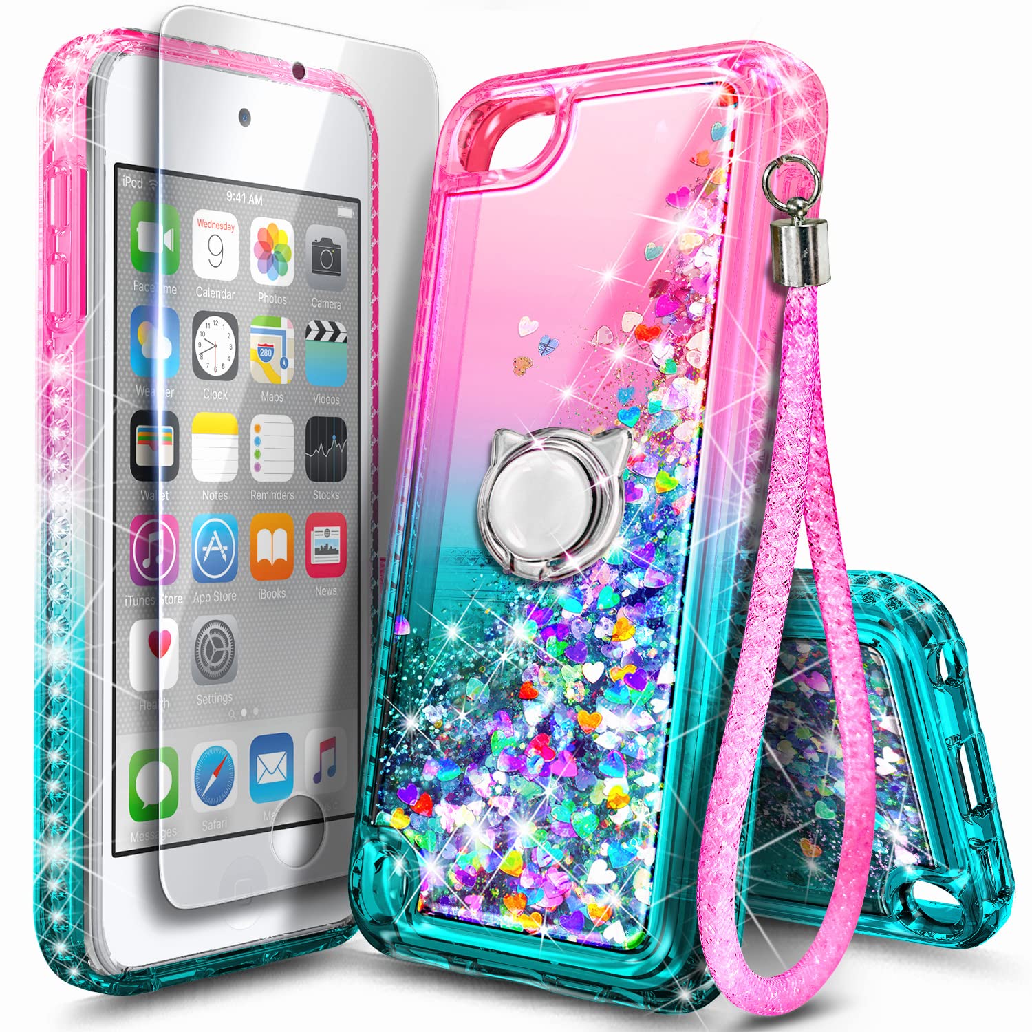 Ngb Ipod Touch 7 Case, Ipod Touch 6/5 Case With Hd Screen Protector And Ring Holder For Girls Women Kids, Glitter Liquid Soft Tp