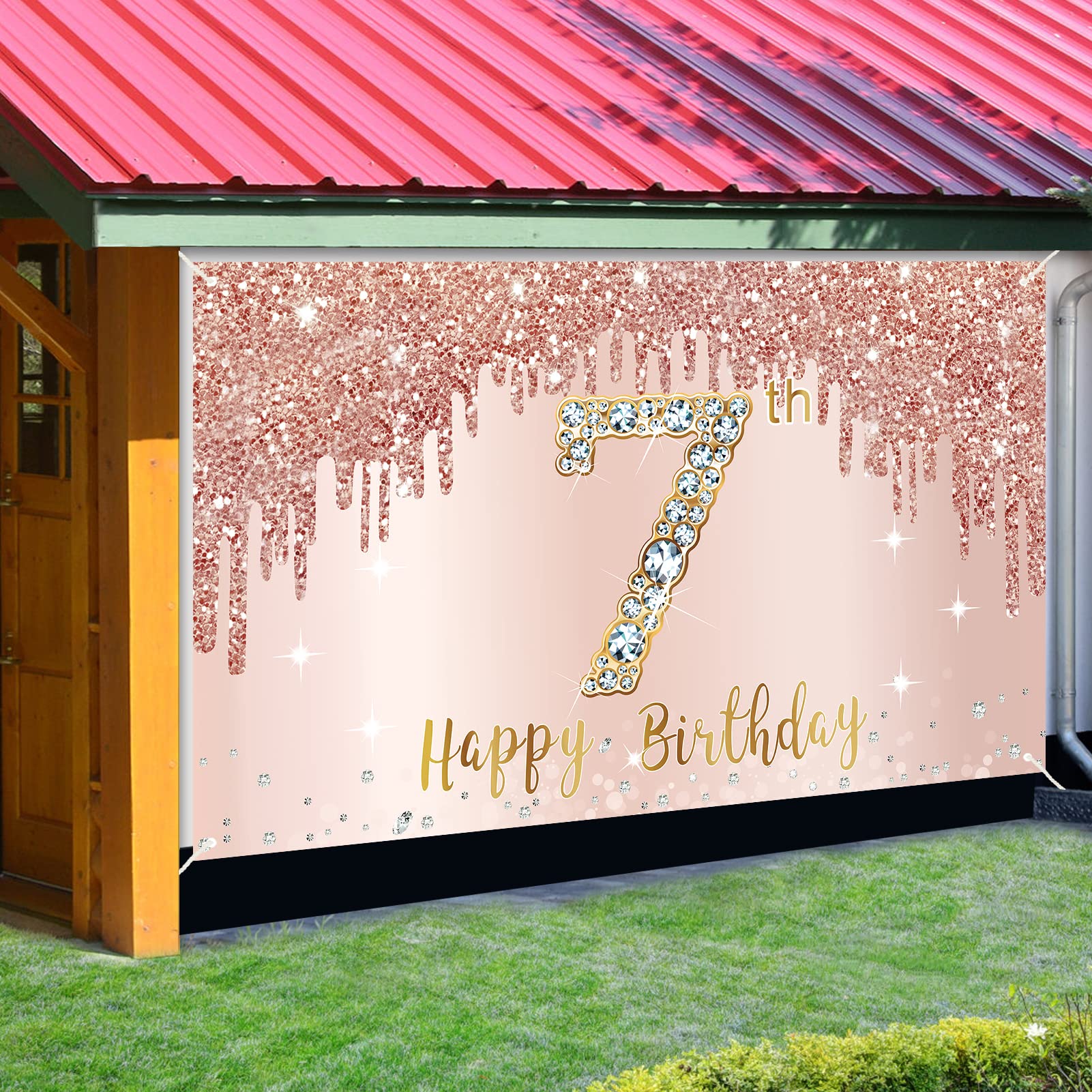 Happy 7Th Birthday Banner Backdrop Decorations For Girls, Rose Gold 7 Year Old Birthday Party Sign Supplies, Pink Seventh Birthd