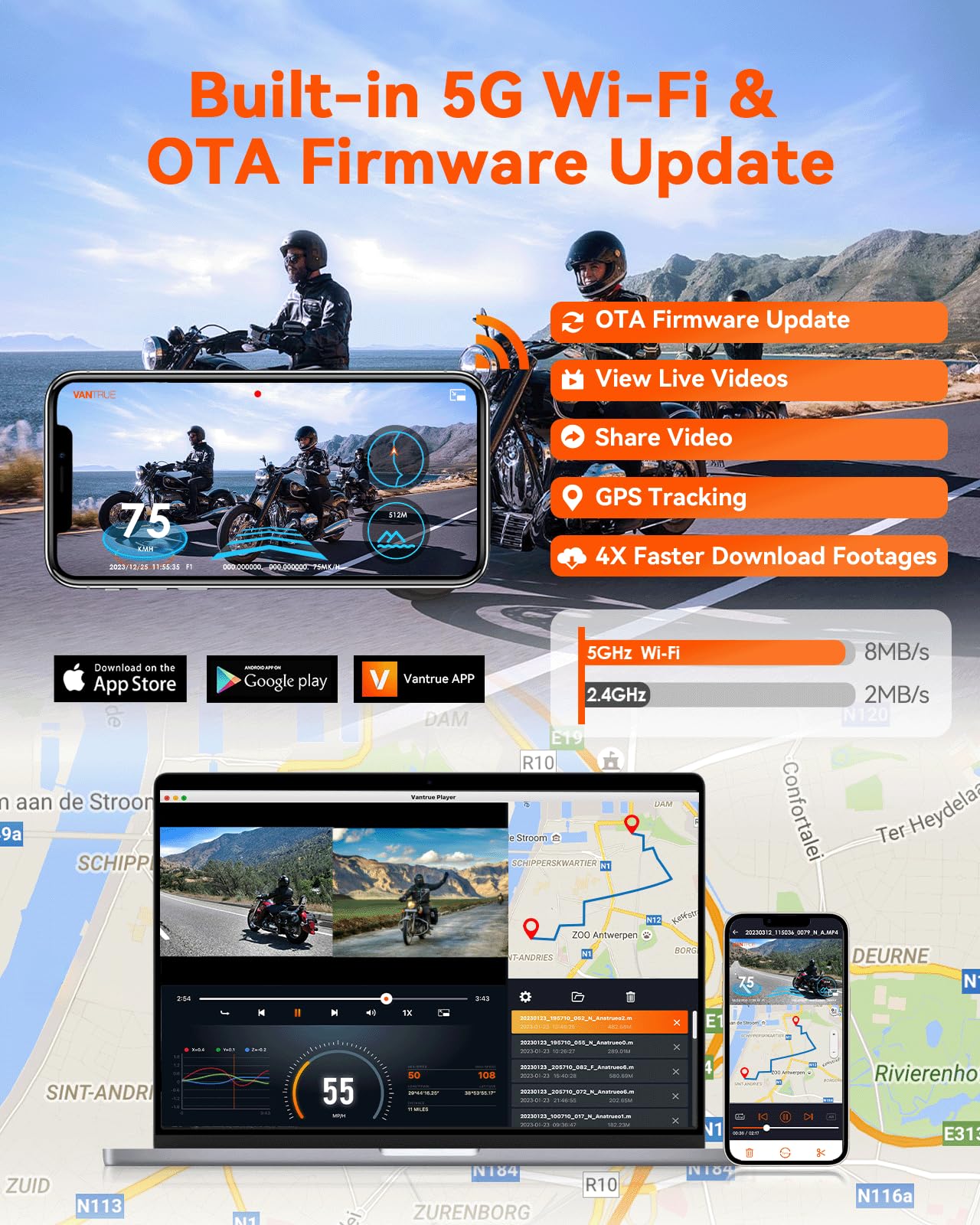 Vantrue F1 Motorcycle 4K Front And Rear Dash Cam, 4K + 1080P Motorcycle Camera, Gps, Full Body Waterproof, Wi Fi, 160Wide Angle,