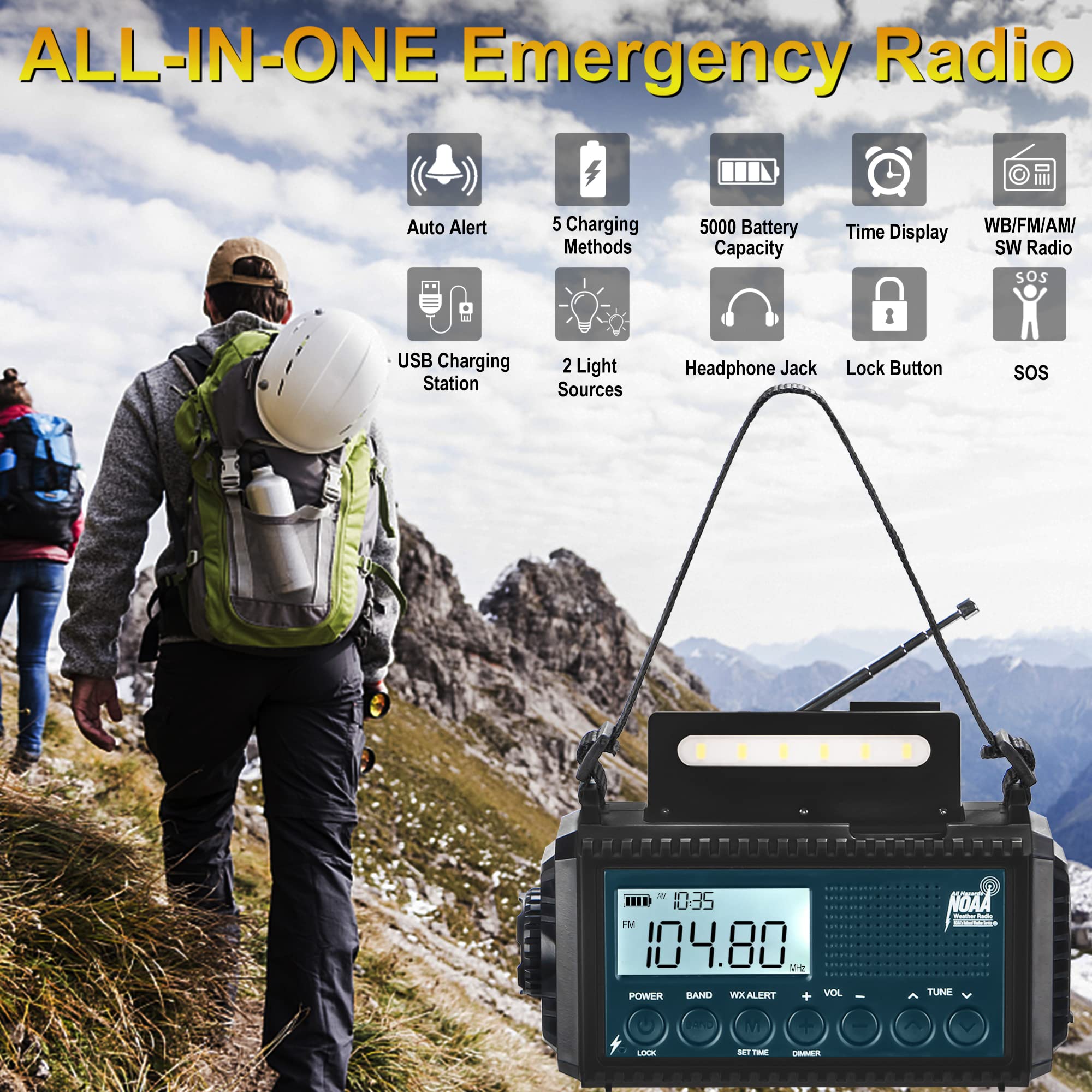 Auto Noaa Alert Digital Weather Radio 5000 Solar Hand Crank Am Fm Shortwave Portable Battery Operated Emergency Survival Radio W