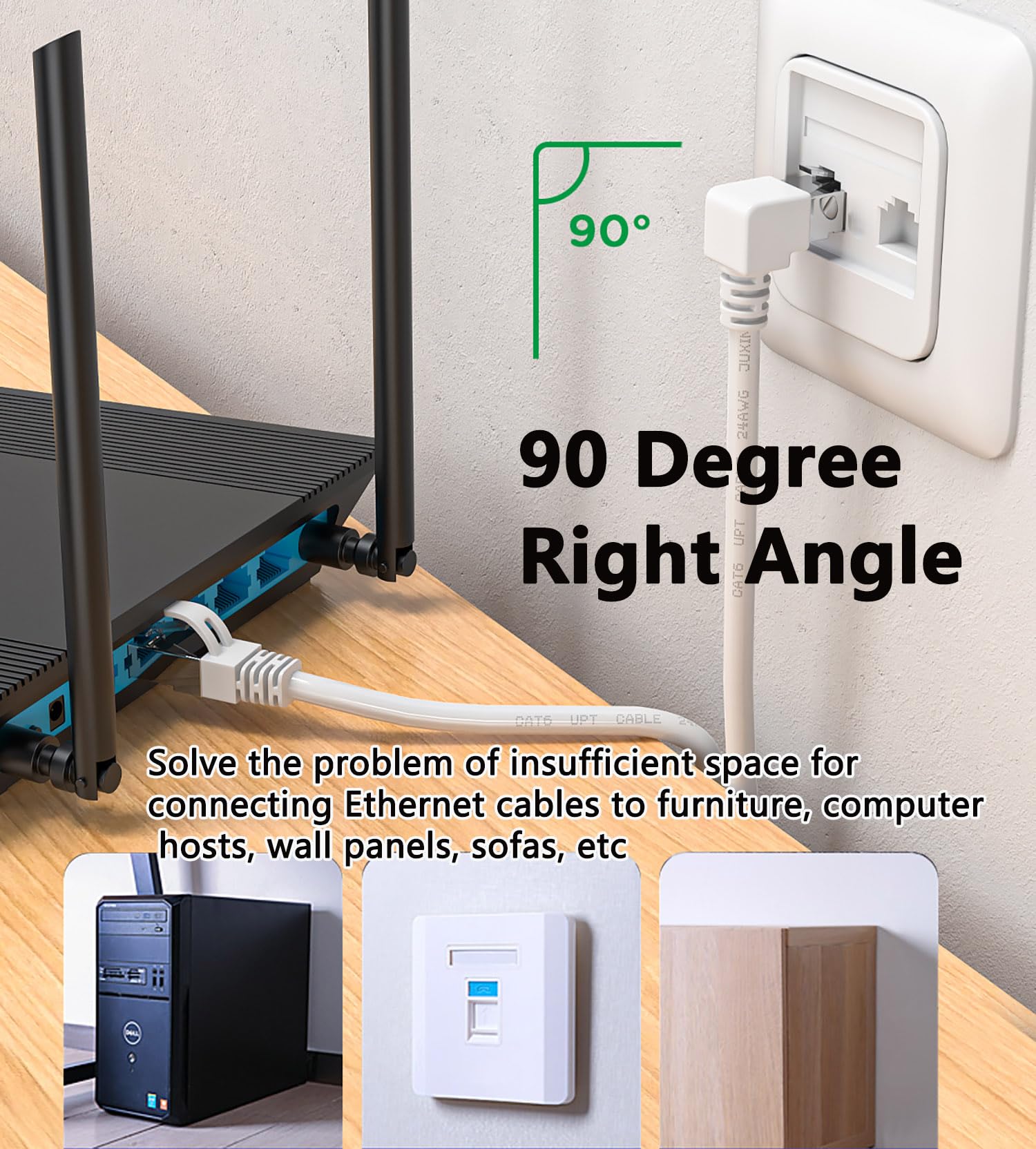 Juxinice Cat6 Ethernet Cable White 90 Degree Right Angle Cable Upward, Cat 6 Internet Cable Right Angle Ethernet Adapter 10Ft Rj45 Lan Cable Gigabit Network Cable