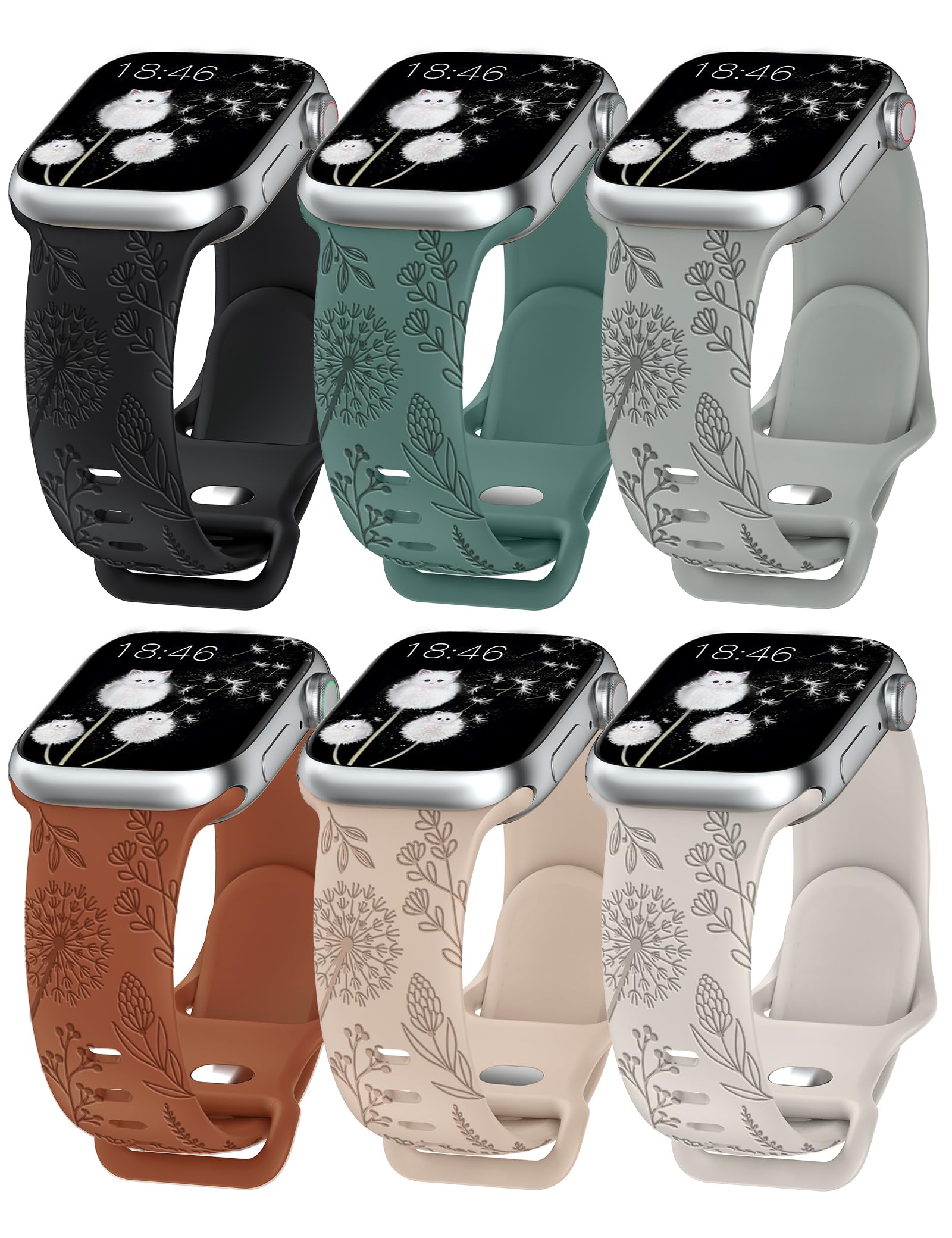 Minyee 6 Pack Floral Engraved Bands Compatible With Apple Watch Band 44Mm 40Mm 41Mm 45Mm 38Mm 42Mm 49M Women,Cute Soft Silicone 