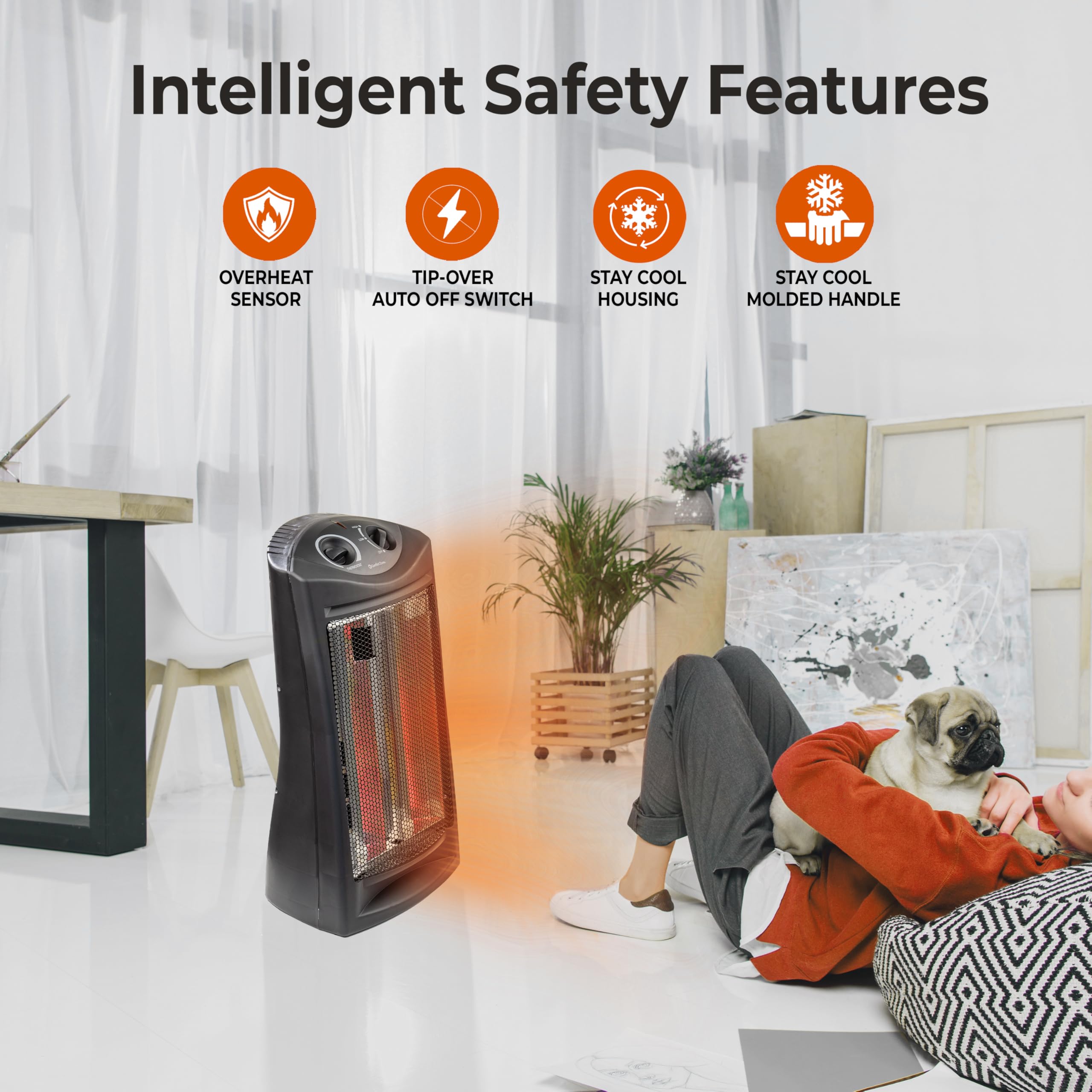Comfort Zone Indoor Tower Space Heater, Adjustable Thermostat, Radiant Heat, Electric, Infrared Quartz, 2 Heat Settings, Overhea
