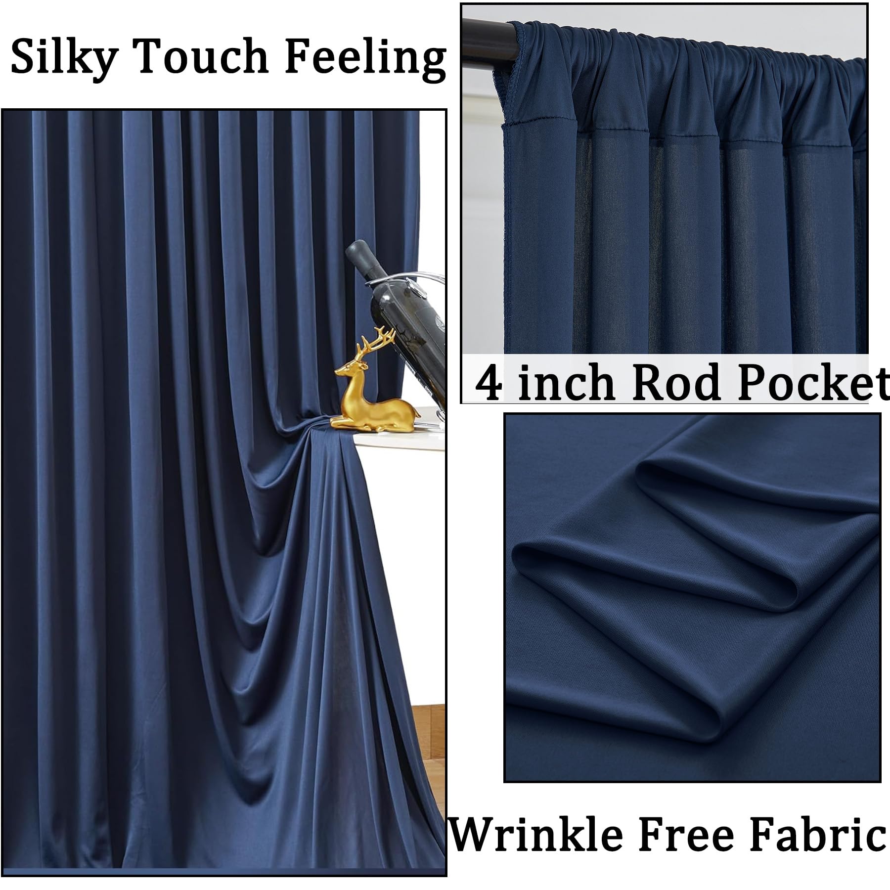 20Ftx10Ft Wrinkle Free Navy Blue Backdrop Curtains For Parties, 4 Panels 5X10Ft Silky Polyester Photo Backdrop Drapes For Weddin