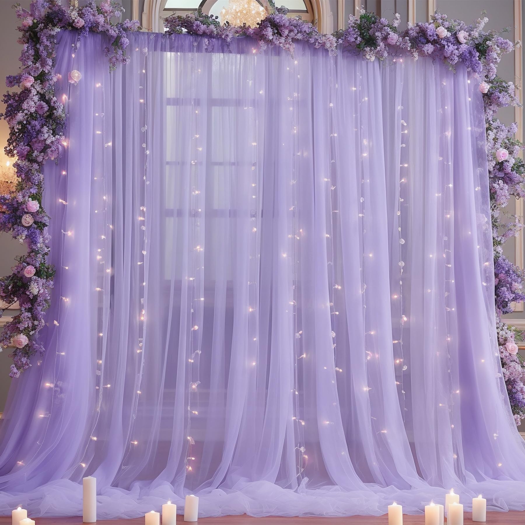10X10Ft Purple Tulle Backdrop Curtain With Lights String For Parites, Sheer Backdrop Curtains For Wedding Baby Shower Birthday P