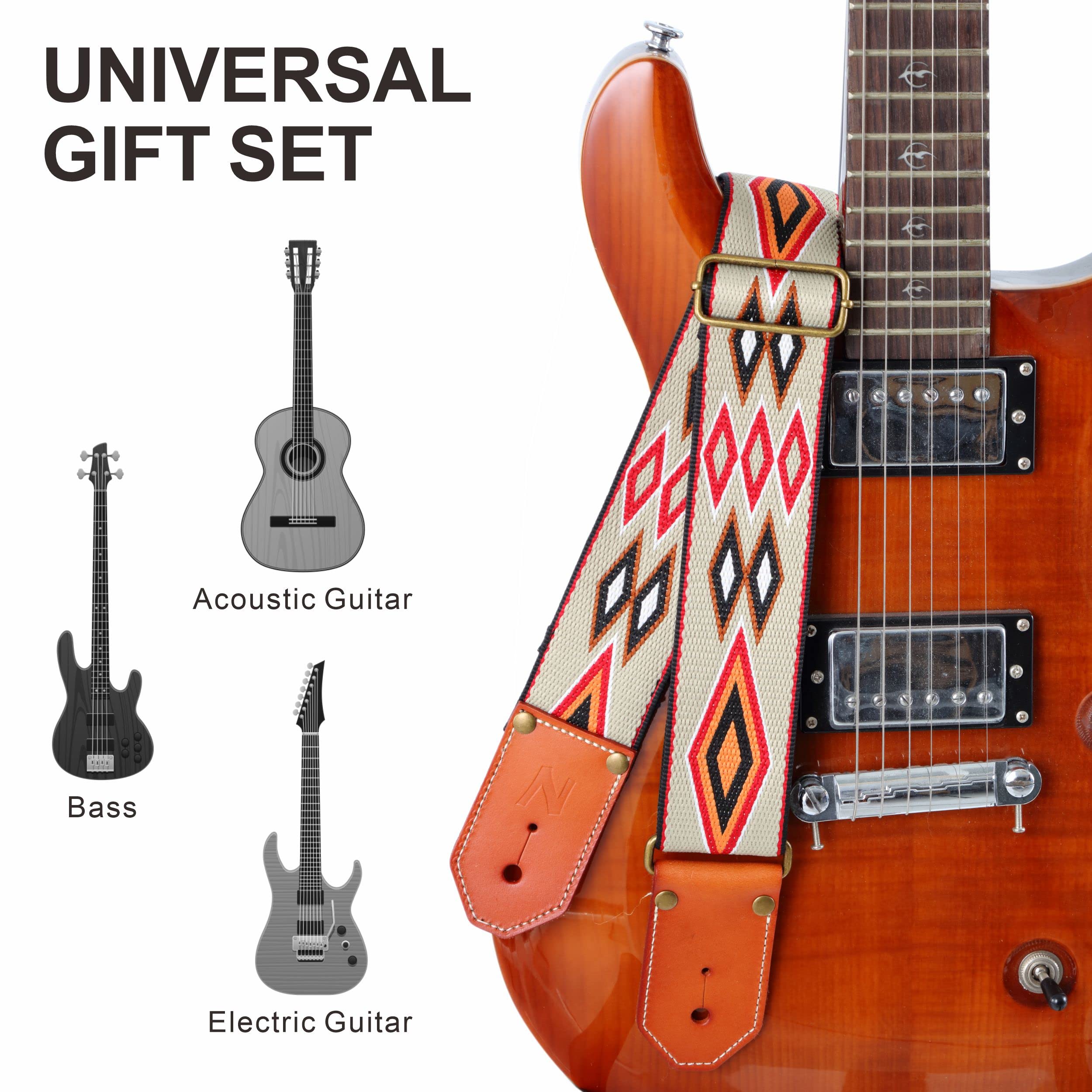 Nefelibata Cool Woven Guitar Strap   Cotton Guitar Straps With Thicked First Layer Vegetable Tanned Cowhide Leather Ends For Aco