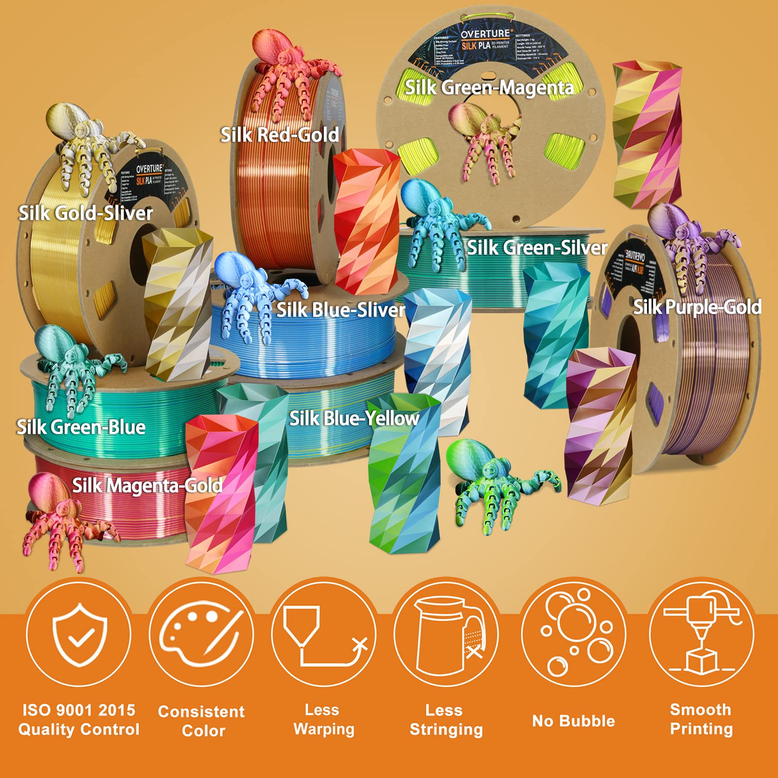 Overture Silk Pla 1.75Mm Dual Color Filament, Clog Free Shiny 3D Printer Filament, 1Kg Spool(2.2Lbs), Dimensional Accuracy +/  0