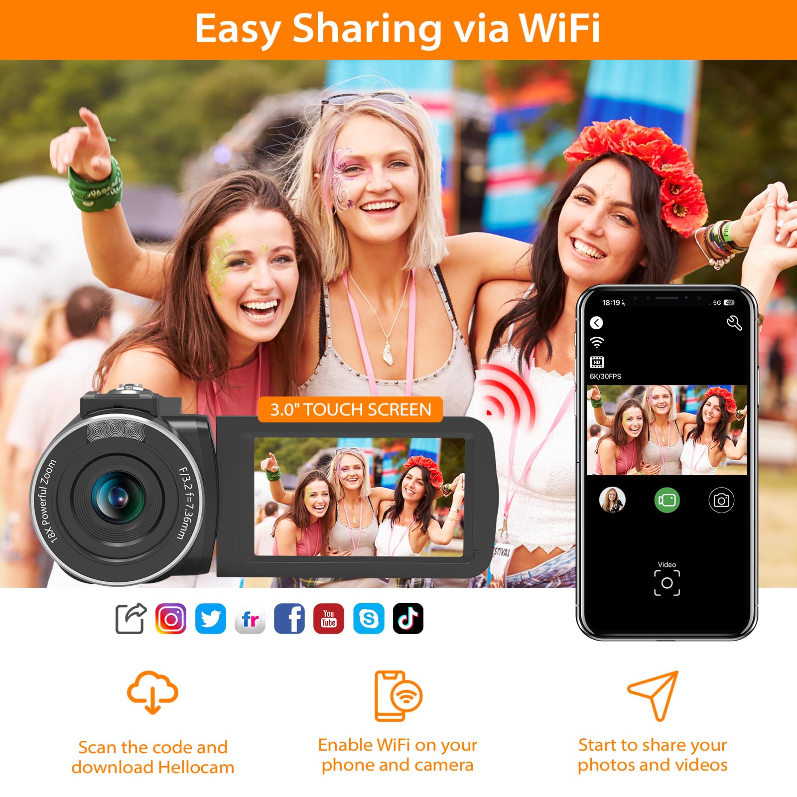 Muraux 6K Video Camera Camcorder Vloging Camera For Youtube 18X Digital Zoom 3.0 Touch Screen Wifi Camera With Microphone, 2.4G