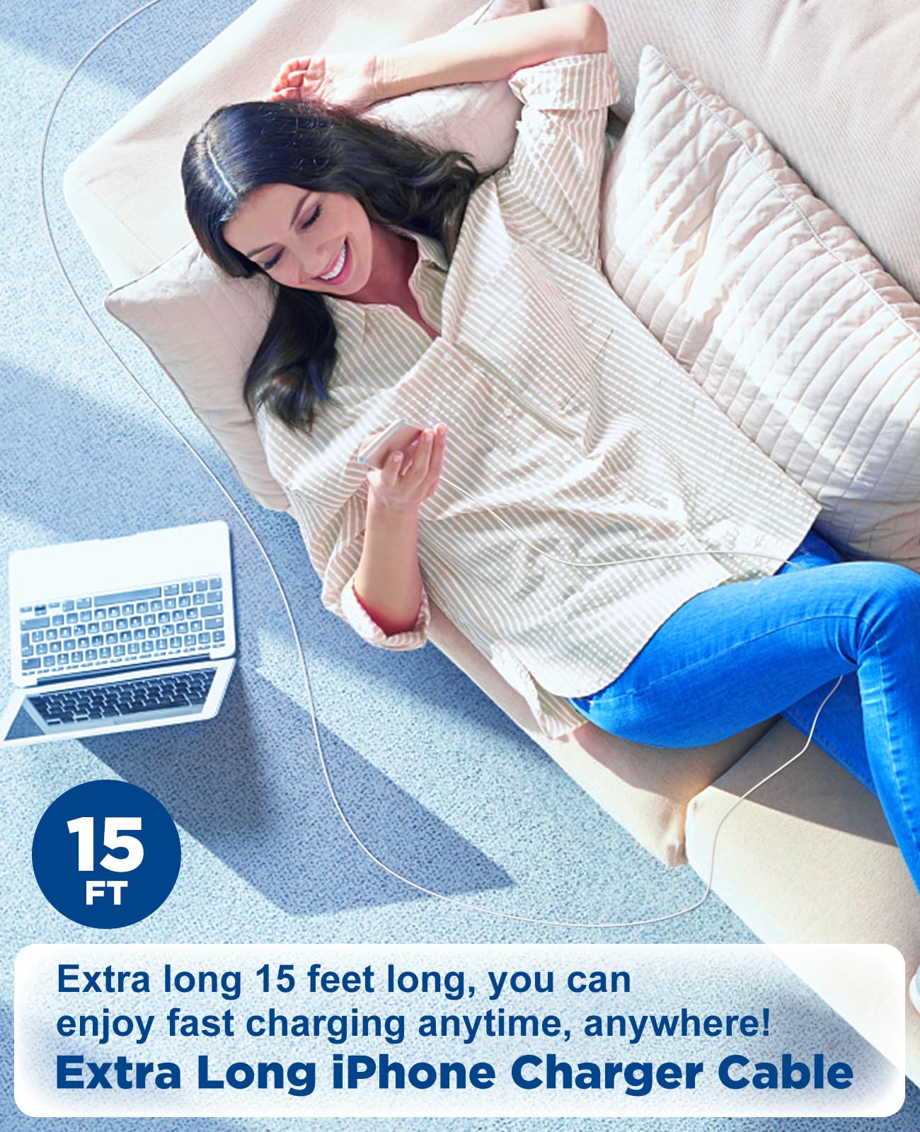 Hcoob 15 Ft Iphone Charger Cord Extra Long, [Apple Mfi Certified] Lightning Cable 5M, 2.4A Long Iphone Charger Cable Fast Chargi