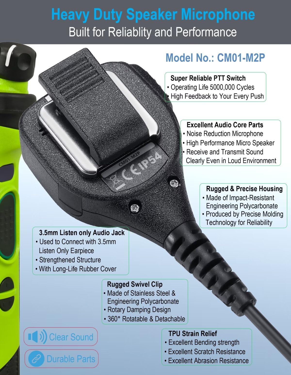 Commountain Speaker Mic For Motorola Radios R2 Cp100D Cp200D Cp200 Cp185 Cls1410 Cls1110 Bpr40D Bpr40 Rdu4100 Rdu4160D Rmu2040 Rmu2080D Cls Rdu Rmu, Pmmn4013 Pmmn4013A 2 Pin Microphone 4 Pack