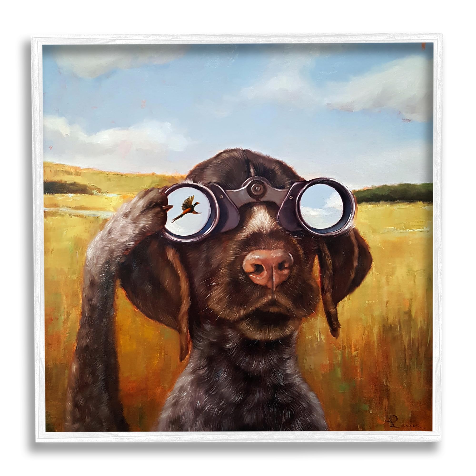 Stupell Industries Dog Watching Bird Binoculars White Framed Giclee Art Design by Lucia Heffernan