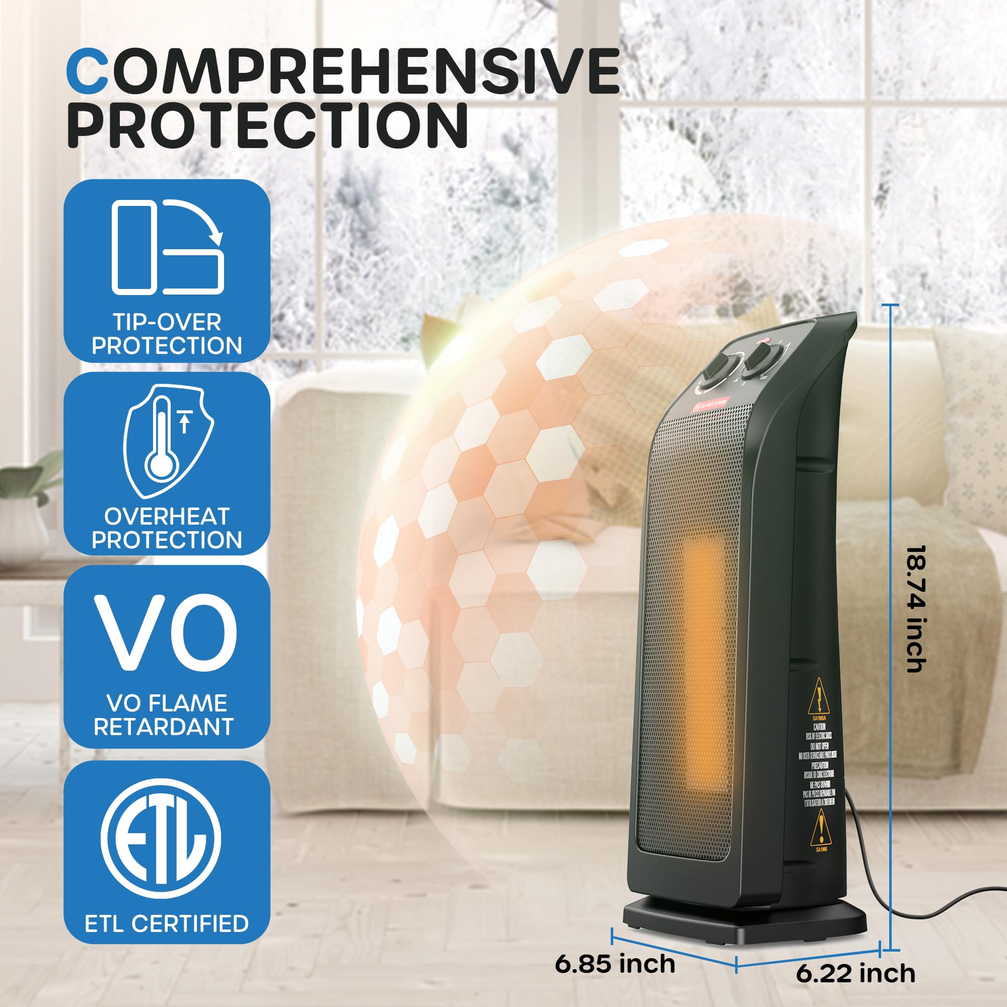 Ecowell 18'' Tower Heater For Indoor Use, 1500W Fast Heating Ceramic Electric Heater With Thermostat, 3 Modes, Tip Over Protecti