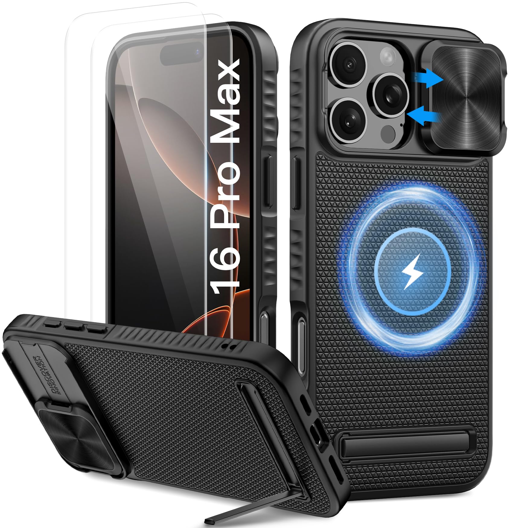 Vihibii For Iphone 16 Pro Max Magnetic Case With Kickstand, Built In Hd Screen Protector [2 Pack] & Slide Camera Cover, [Compati