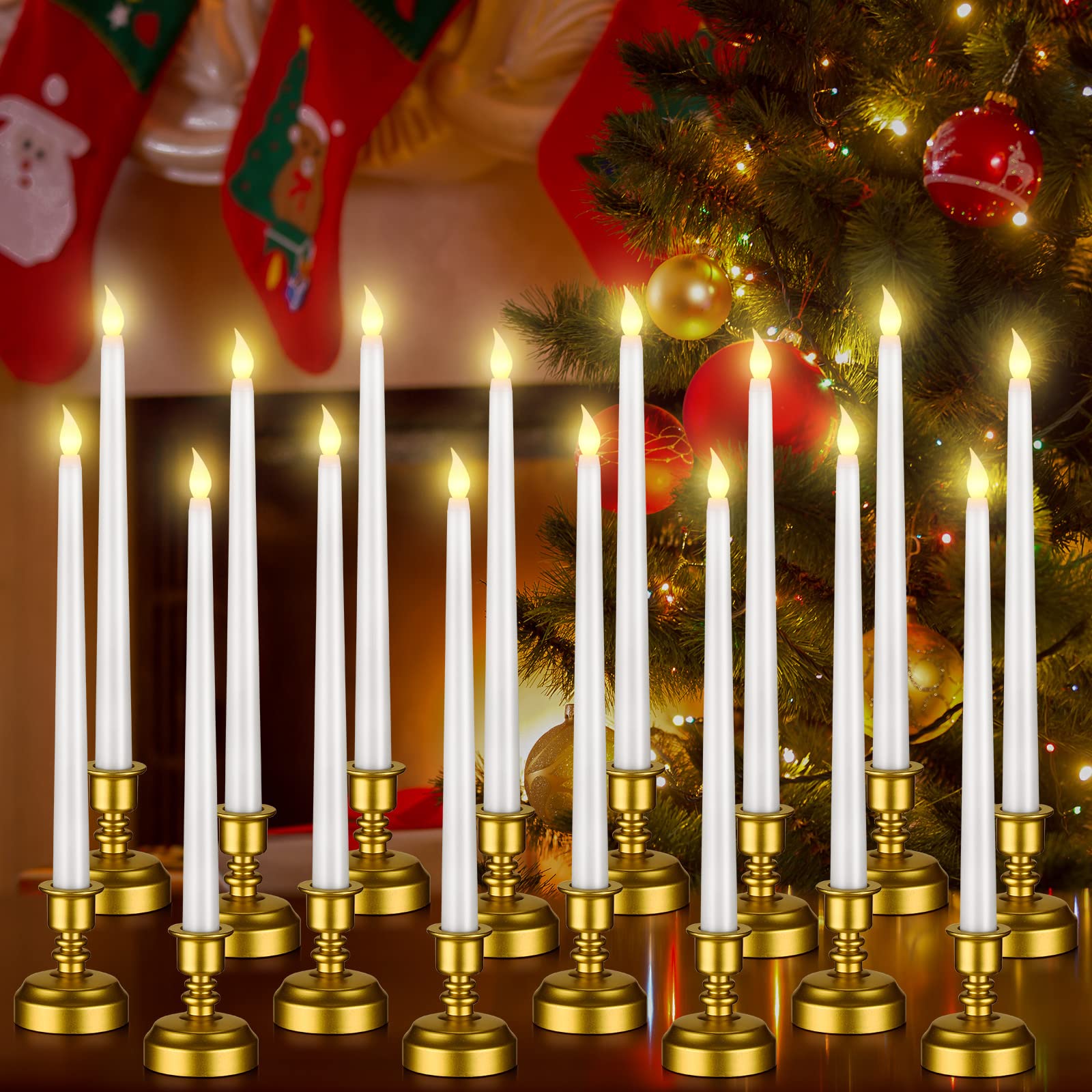 Fumete 16 Pcs Flameless Candles with Gold Base Battery Powered Taper White Candles Battery Operated LED Candlesticks for Party H