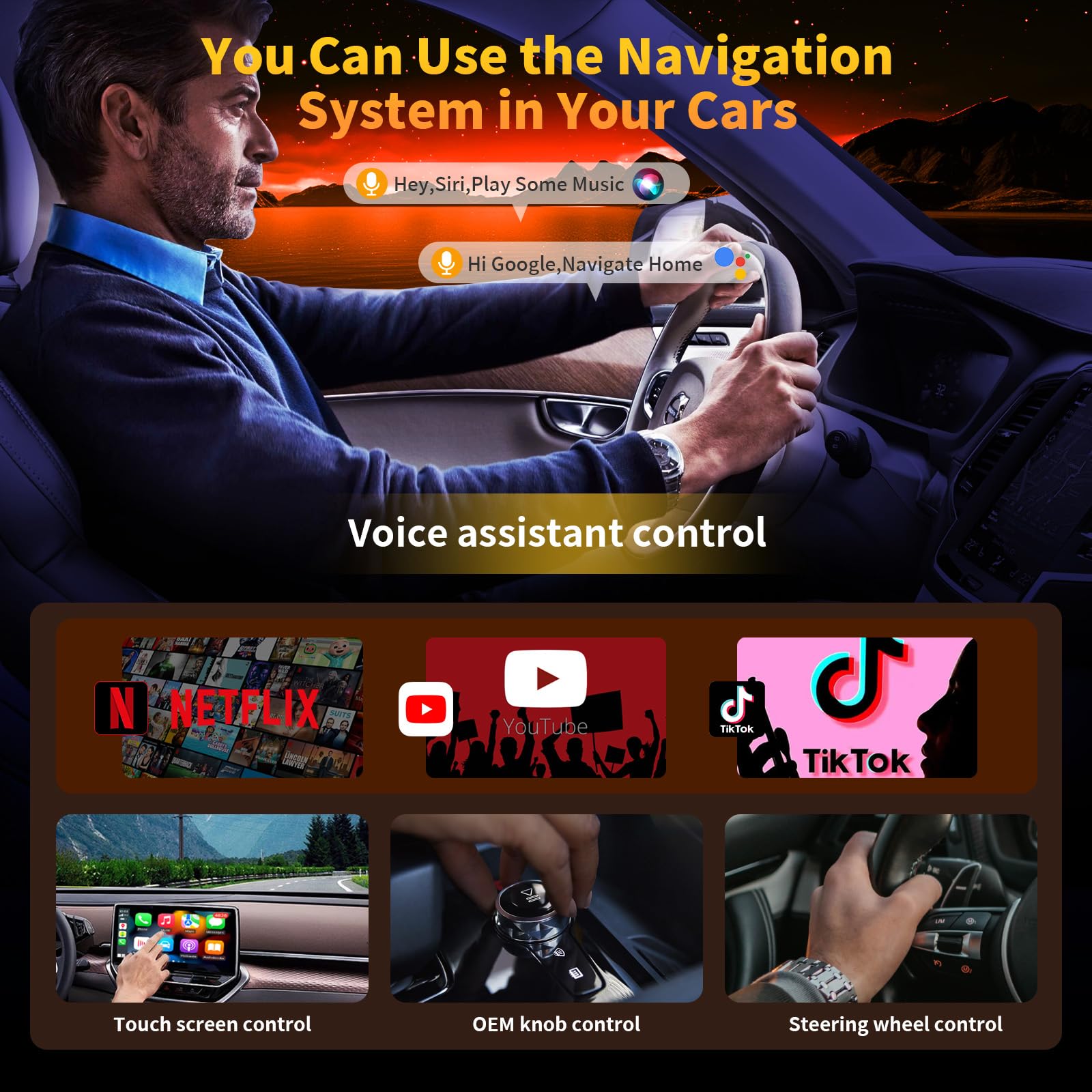 4 In 1 Carplay Ai Box,Wireless Carplay & Android Auto Adapter,Supports Netflix/Youtube/Tik Tok/Screen Mirror Link/Tf Card,Suitab