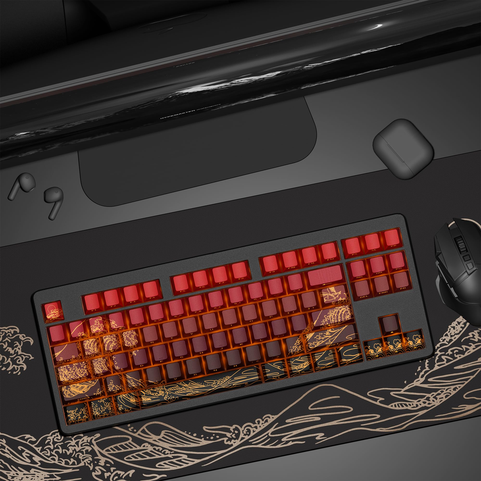 Xvx Shine Through Keycaps   Pbt Dye Sub Keycap Set, Side Print Keycaps, 129 Keys Cherry Profile Custom Keycaps, Wave Of Kanagawa