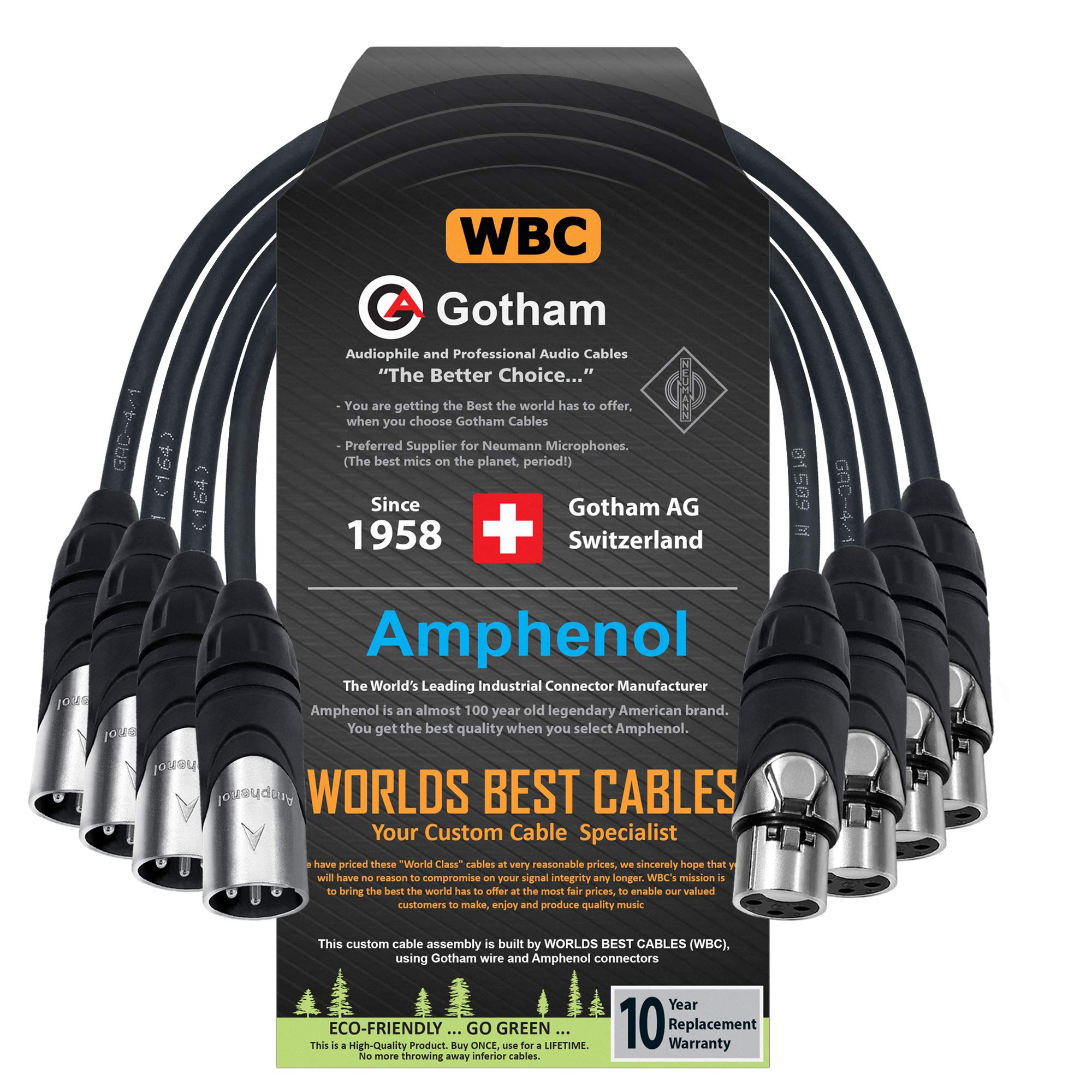 4 Units   1 Foot   Gotham Gac 4/1 (Black)   Star Quad, Dual Shielded Balanced Male To Female Microphone Cables With Amphenol Ax3