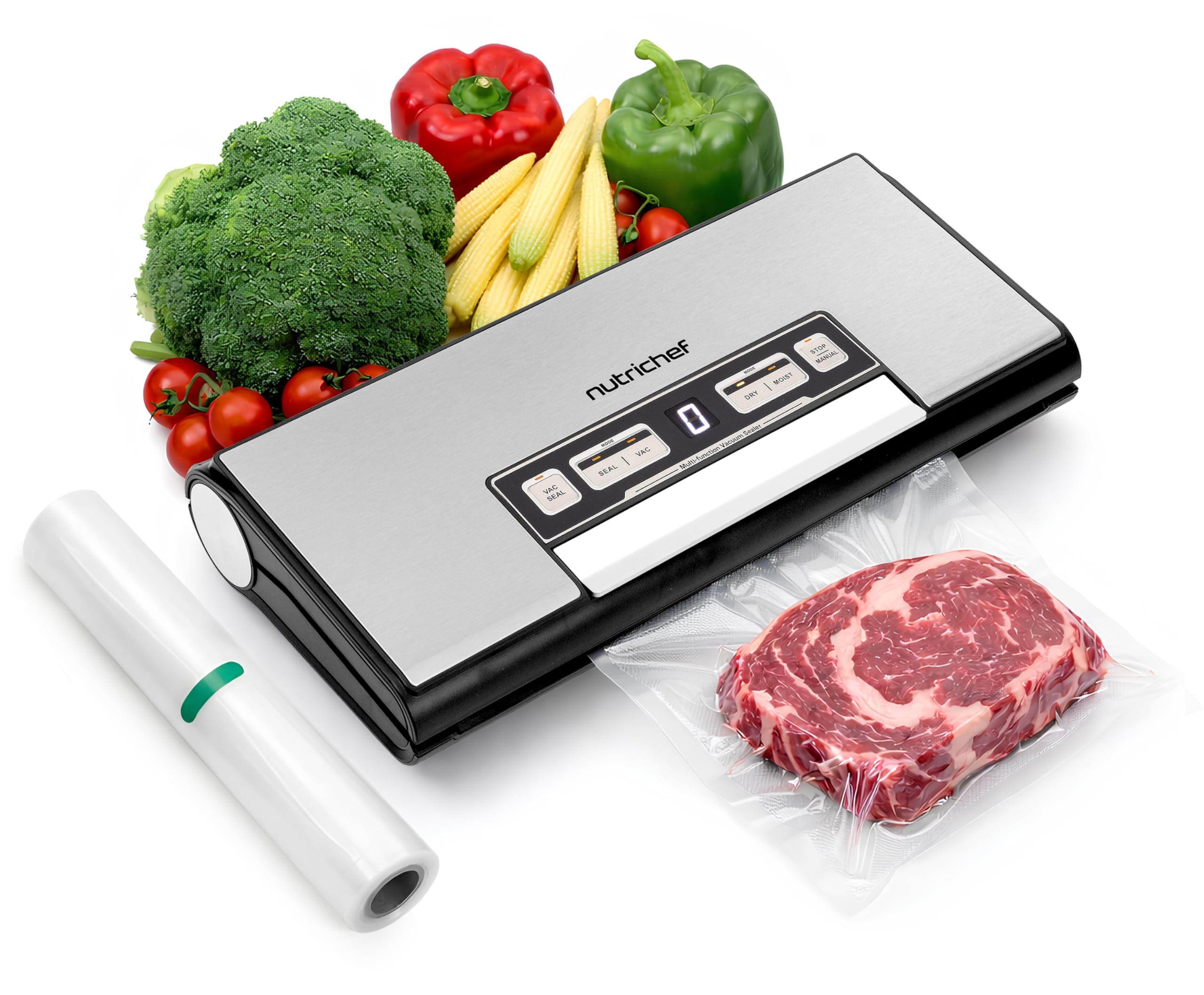 NutriChef Vacuum Sealer Machine, 80kPa Food Vacuum Sealer with Cutter, Bag Storage, Suction Hose, 1 Bag Roll & 5 Vacuum Bags to