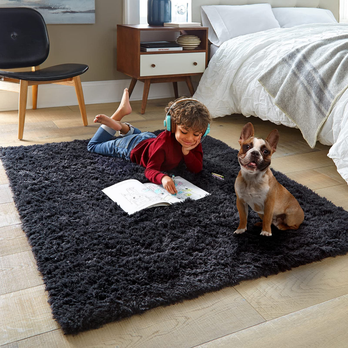 Ophanie Black Rugs For Bedroom, Machine Washable Fluffy Shaggy Soft Area Rug, Non Slip Indoor Floor Carpet For Living Room, Kids