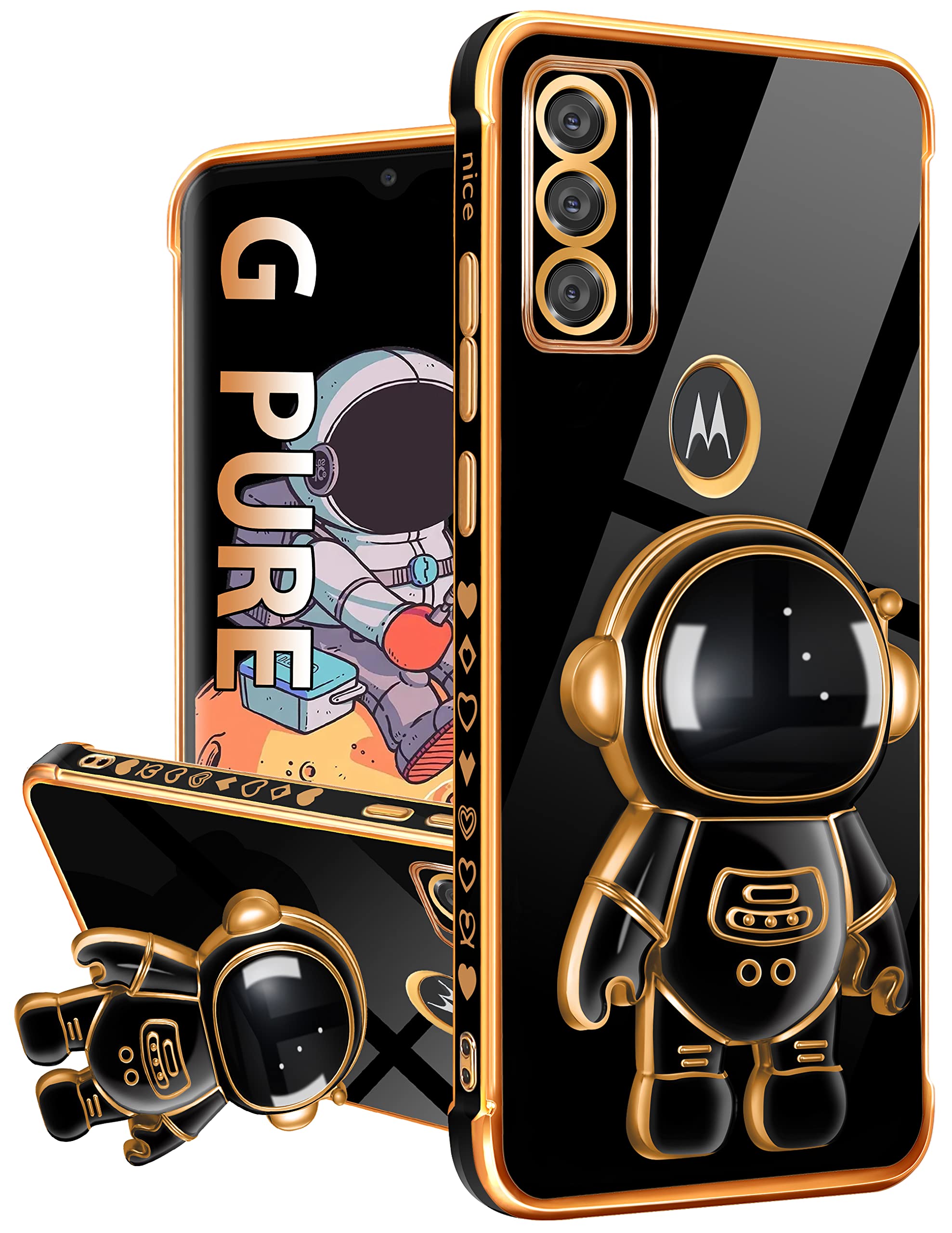 Buleens Cute Astronaut Case For Moto G Pure 2021, Lightweight Tpu Cover With Hidden Kickstand, Space Design, Black