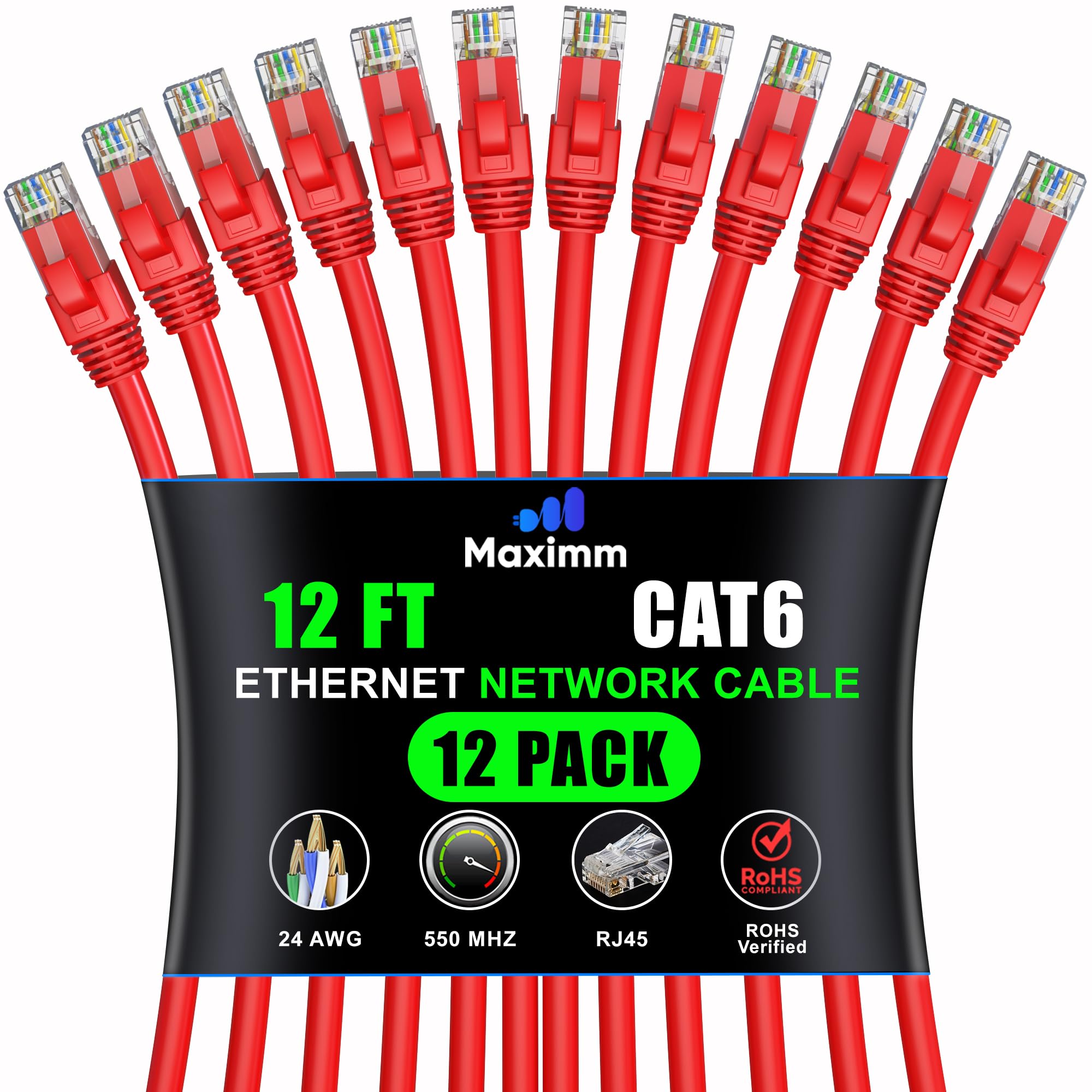 Maximm Cat 6 Ethernet Cable 12 Ft (12 Pack)   High Speed Lan Cable, Internet Cable, Patch Cable, And Network Cable   Utp, 10Gbps, 550Mhz Ethernet Cord   Red