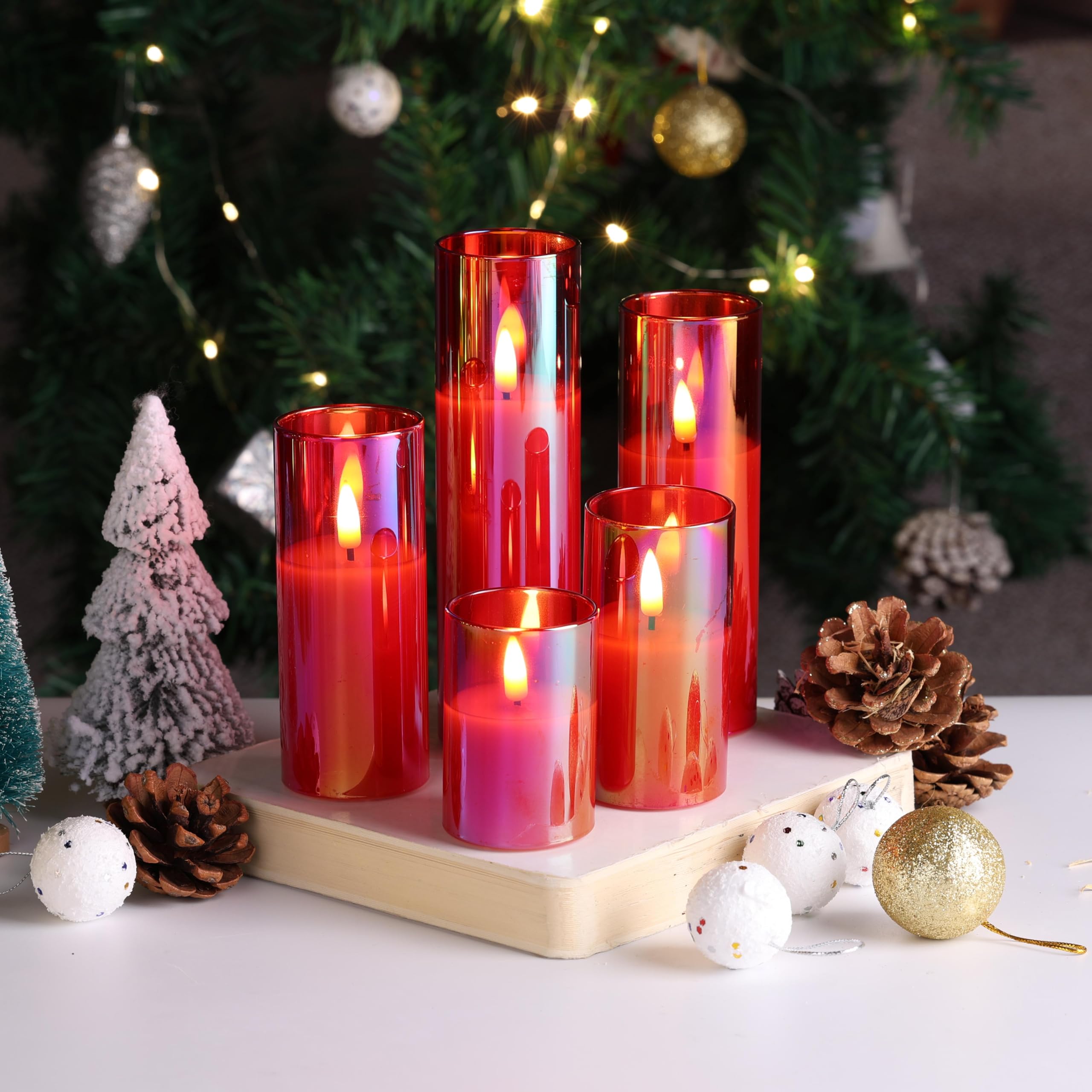 Eywamage 5 Pack Red Glass Flameless Candles With Remote, Flickering Slim Tall Led Pillar Votive Candles Battery Included