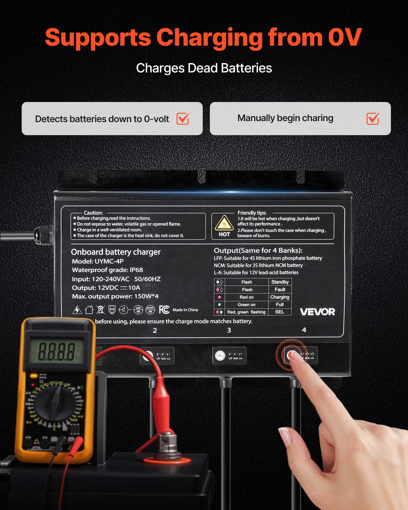 Vevor Marine Battery Charger, 4-Bank, 10A X 4, 12V Onboard Battery Charger, Ip68 Waterproof Smart Boat Charger, For Lithium-Ion