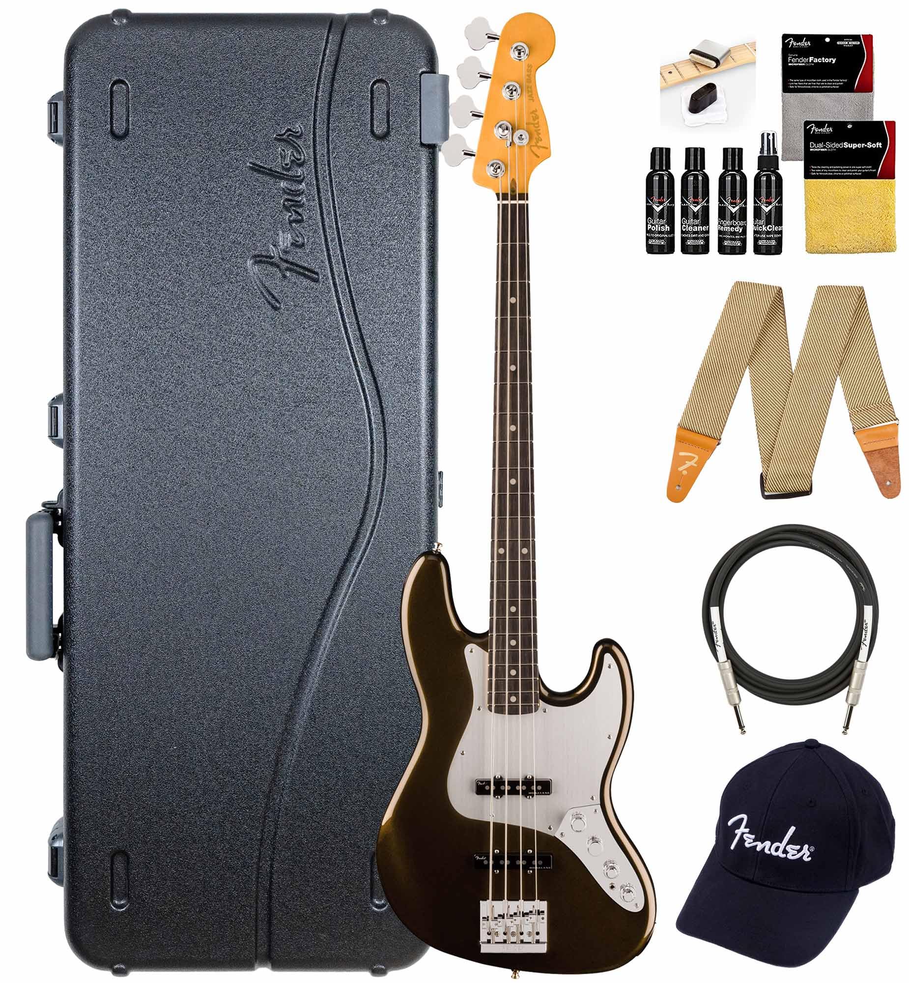 Fender American Ultra II Jazz Bass - Texas Tea Bundle with Case, Strap, Cable, Hat, and Guitar Cleaning Kit