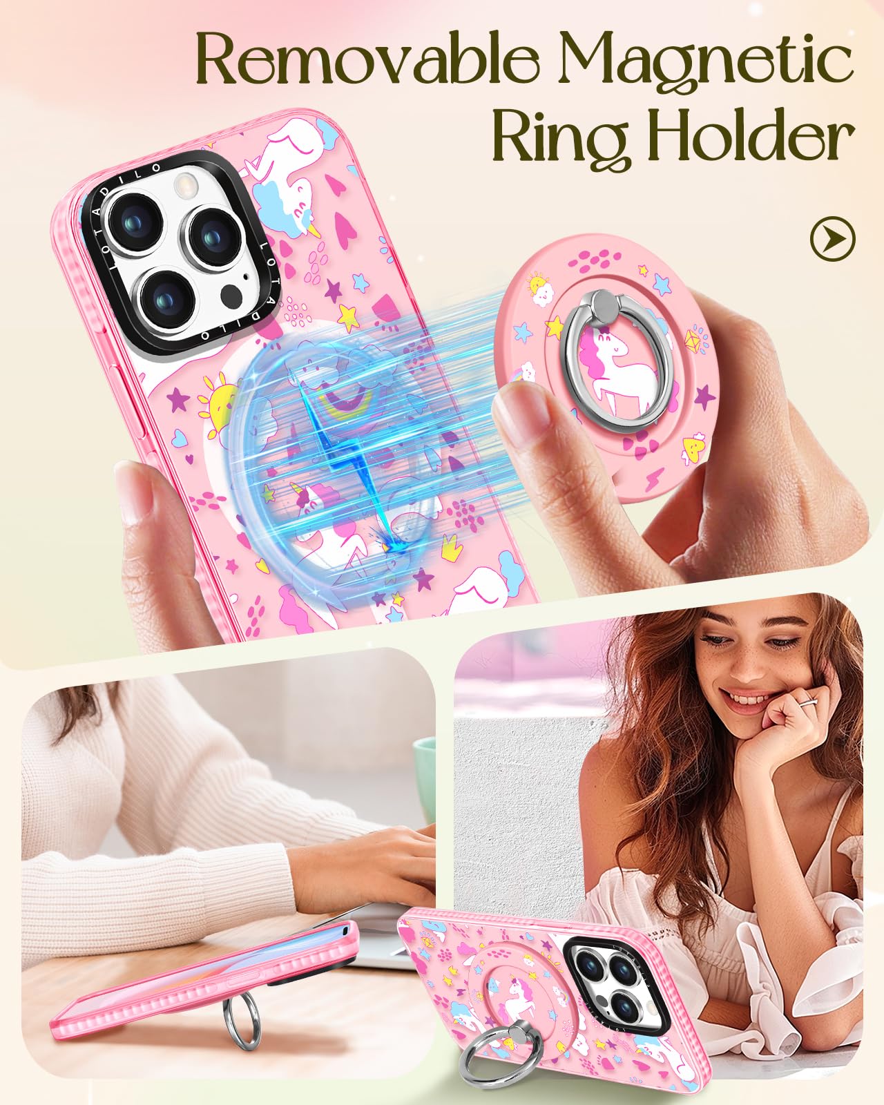 Lotadilo For Iphone 13 Pro Case For Women Girls - Cute Design Compatible With Magsafe Magnetic Ring Holder Stand Rainbow Horse A