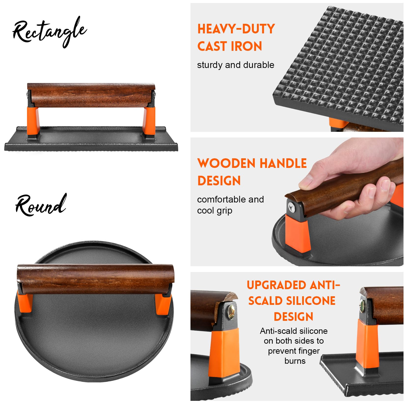 Ggc Cast Iron Burger Press Kit, 7'' Round And 8''X4'' Rectangle Smash Burger Press Set For Grill And Griddle Cooking, 2Pcs Meat