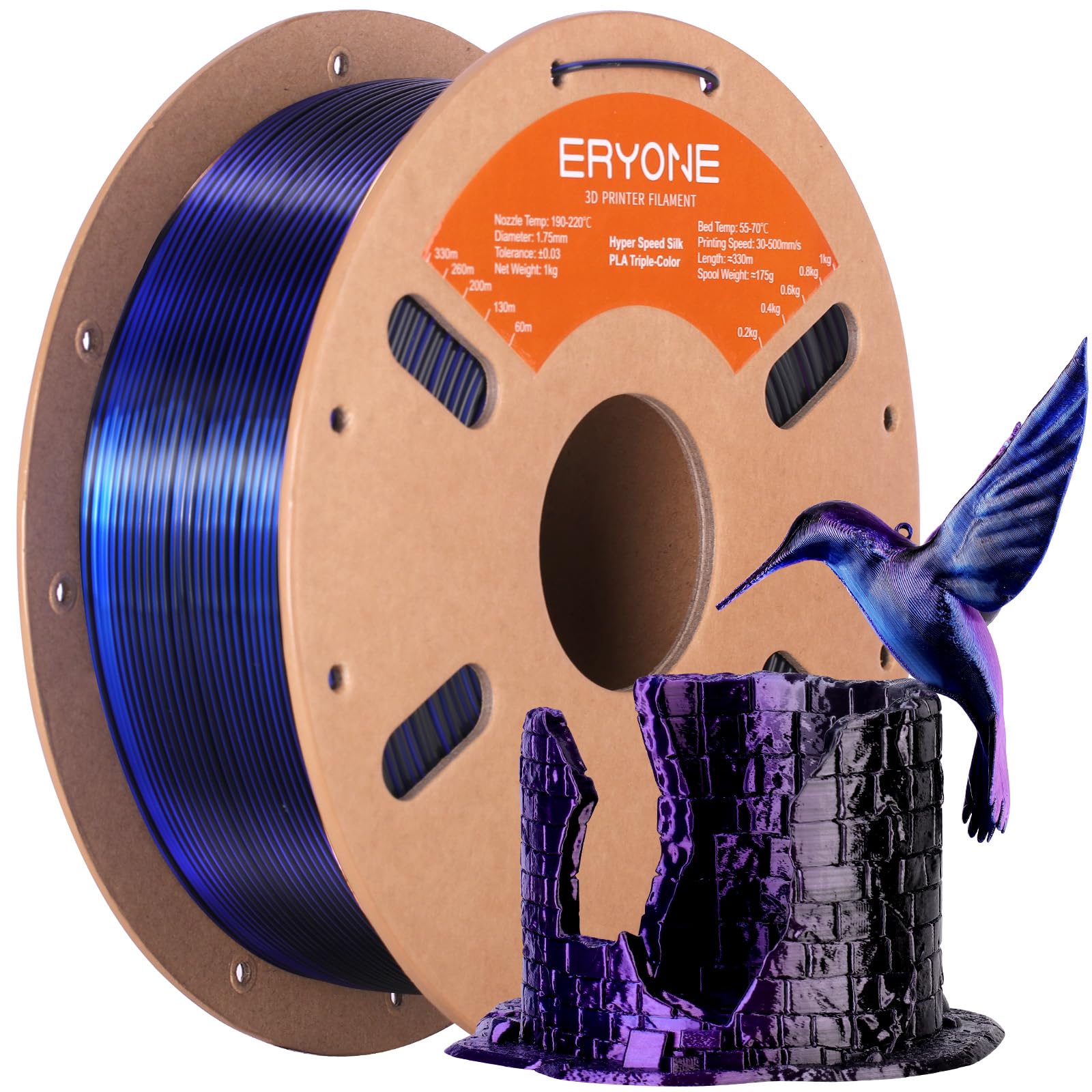ERYONE Silk Filament PLA+ 1.75mm Shiny 3D Printer Filament, Multicolor PLA 3 in 1, 1kg (2.2LBS)/Spool, HS Silk Tri Color Blue Pu