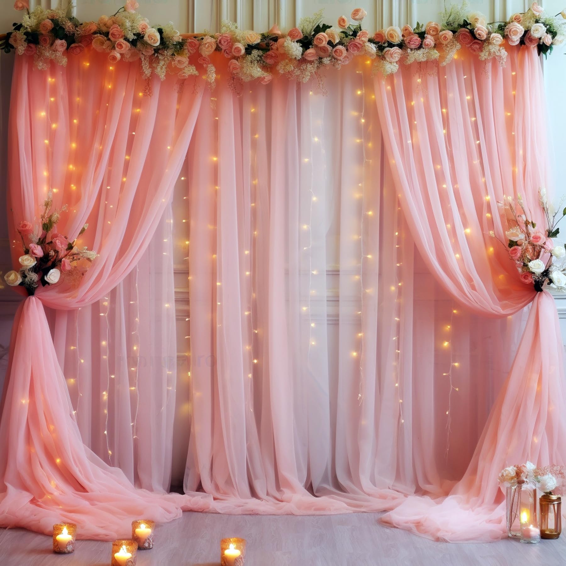 20X10Ft Dusty Rose Tulle Backdrop Curtain With Lights String For Parites, Sheer Backdrop Curtains For Wedding Baby Shower Birthd