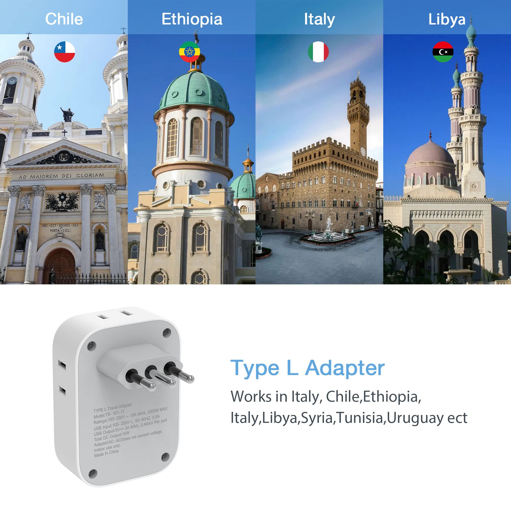 Tessan Italy Travel Plug Adapter, Us To Italian Power Adaptor With 4 Outlets And 3 Usb Ports, Type L Travel Converter For Usa To