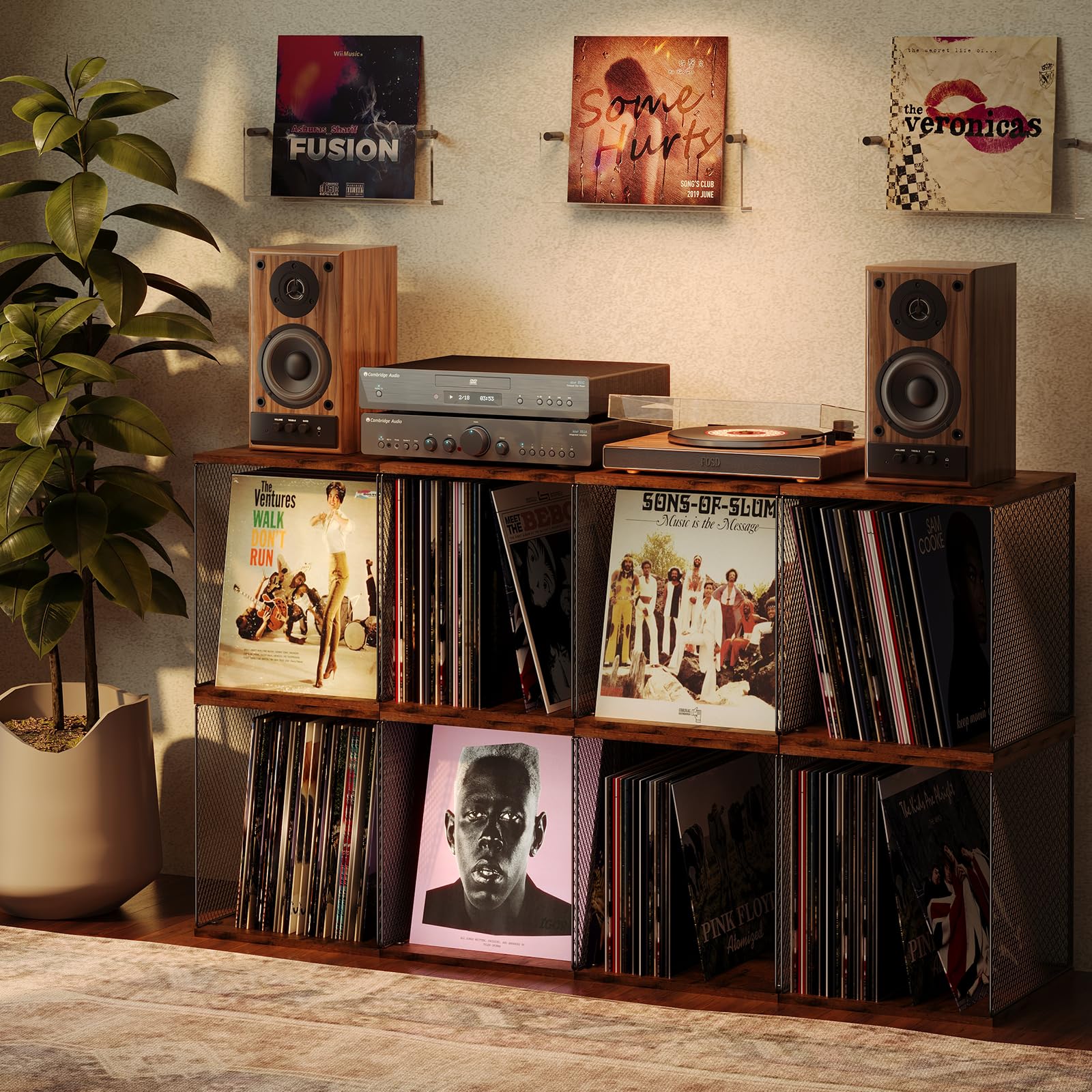 Honkazita Record Holder Shelf Vinyl Record Storage Furniture,Diy Stackable 50 100 Records Visualize Album Storage Box Cube Natur
