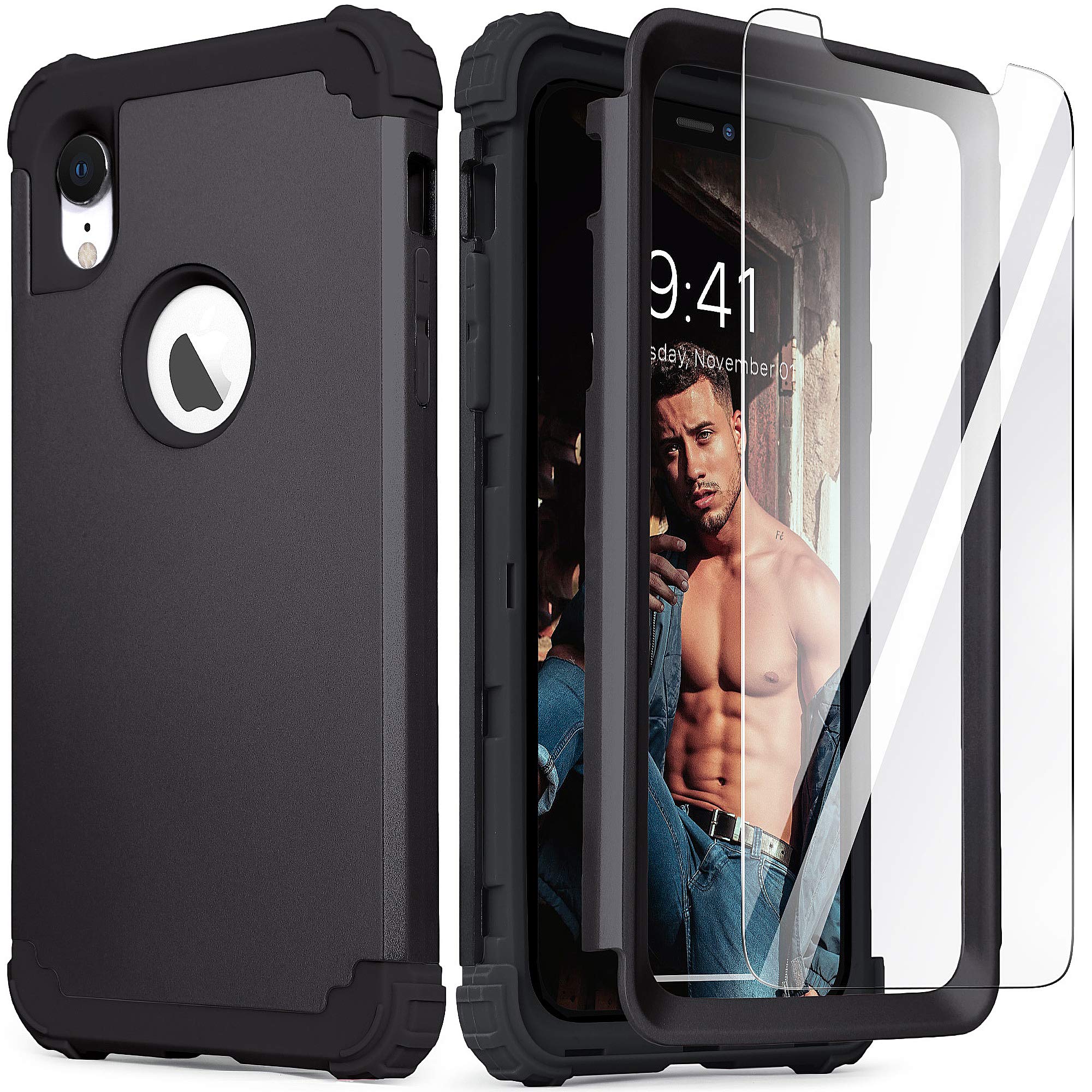 Idweel For Iphone Xr Case, Case For Iphone Xr With Tempered Glass Screen Protector, 3 In 1 Shockproof Slim Hybrid Heavy Duty Har